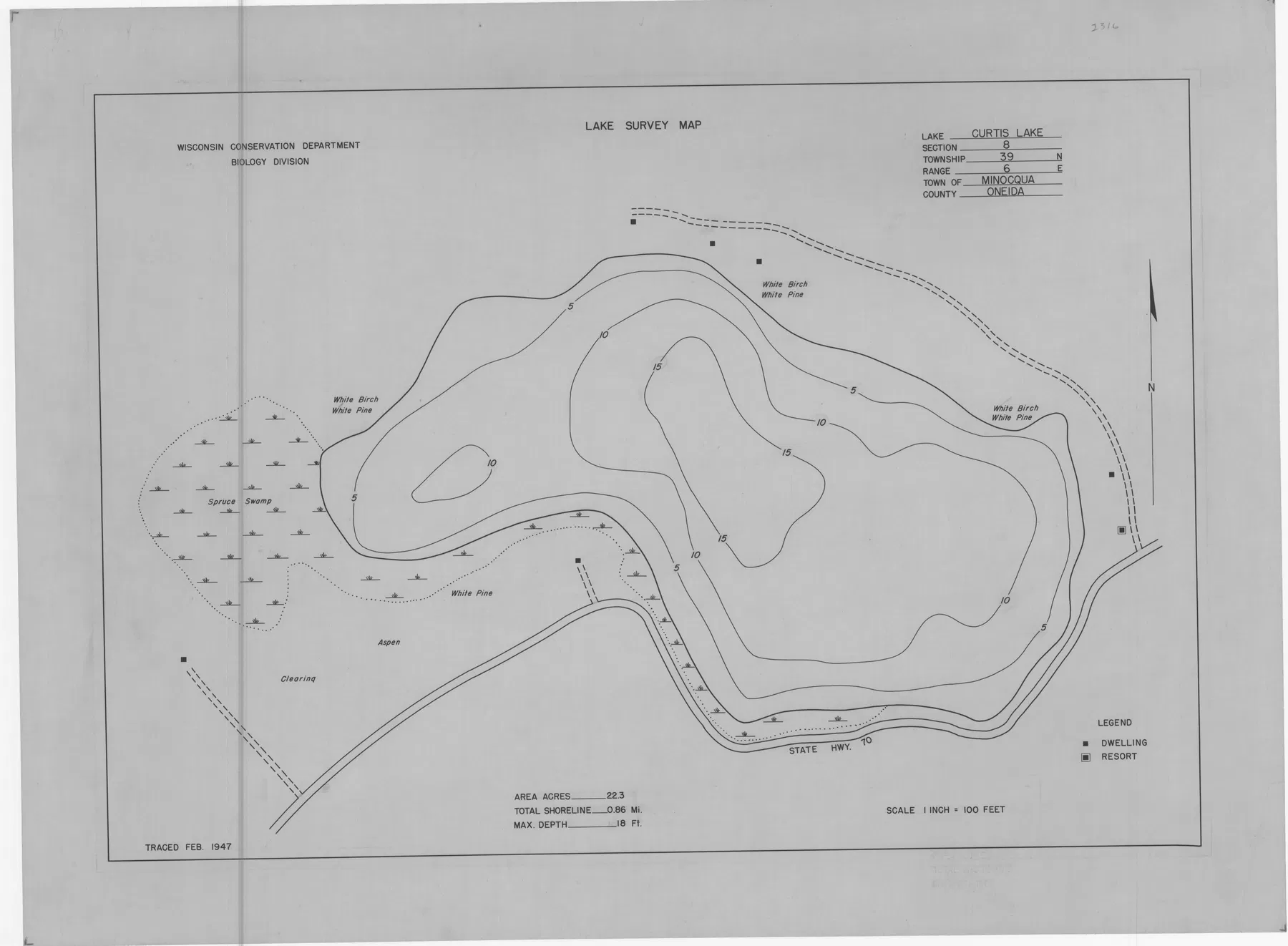 Curtis Lake historical Wisconsin DNR depth map sheet 1