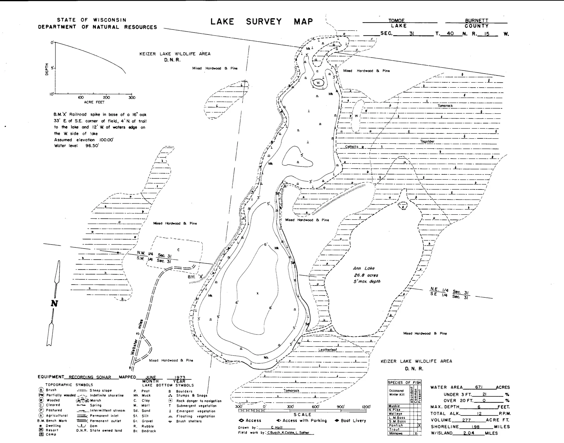 Tomoe Lake historical Wisconsin DNR depth map sheet 1