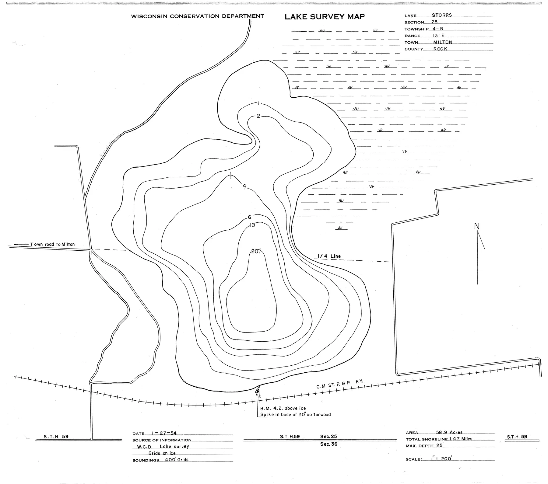 Storrs Lake historical Wisconsin DNR depth map sheet 1