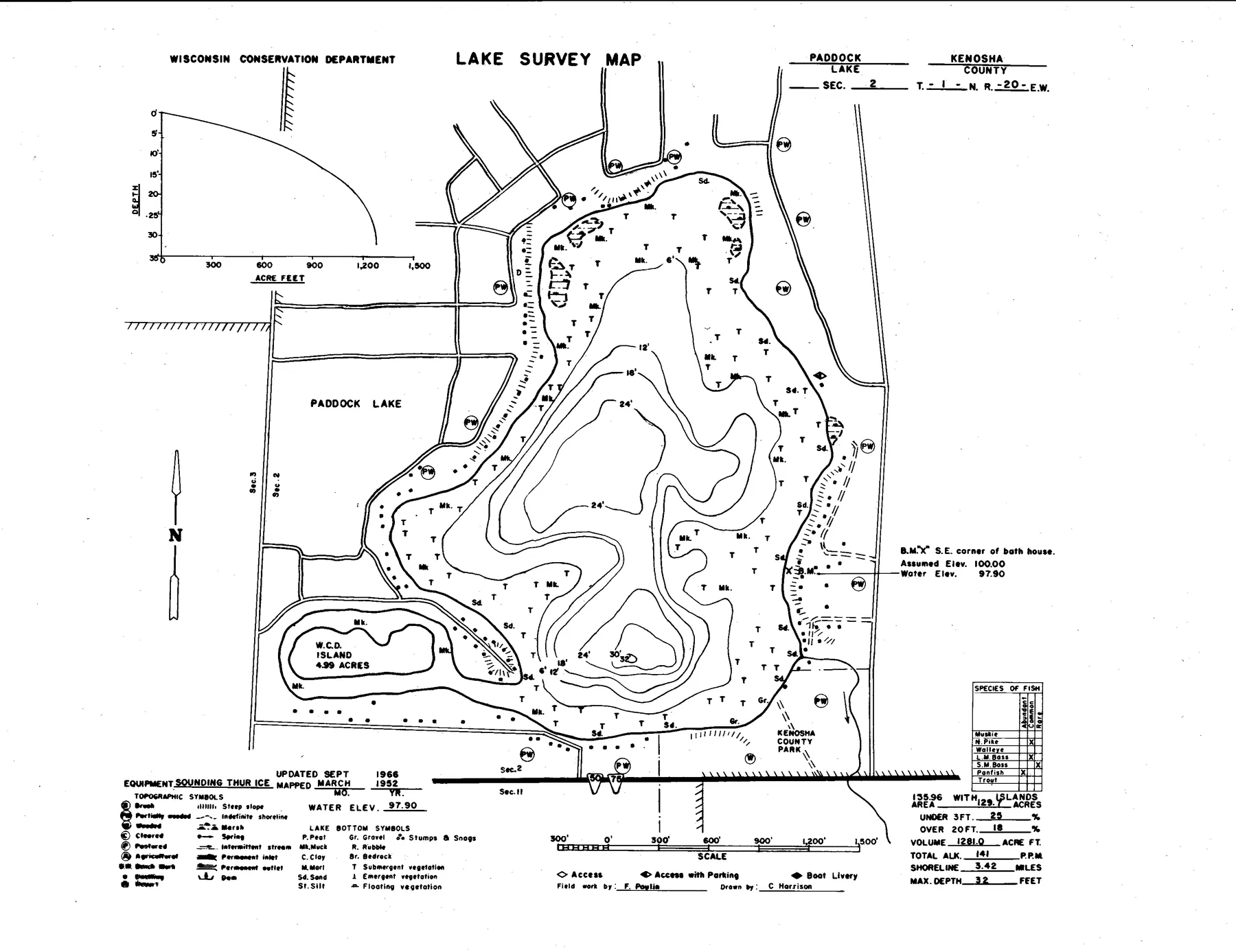 Paddock Lake historical Wisconsin DNR depth map sheet 1