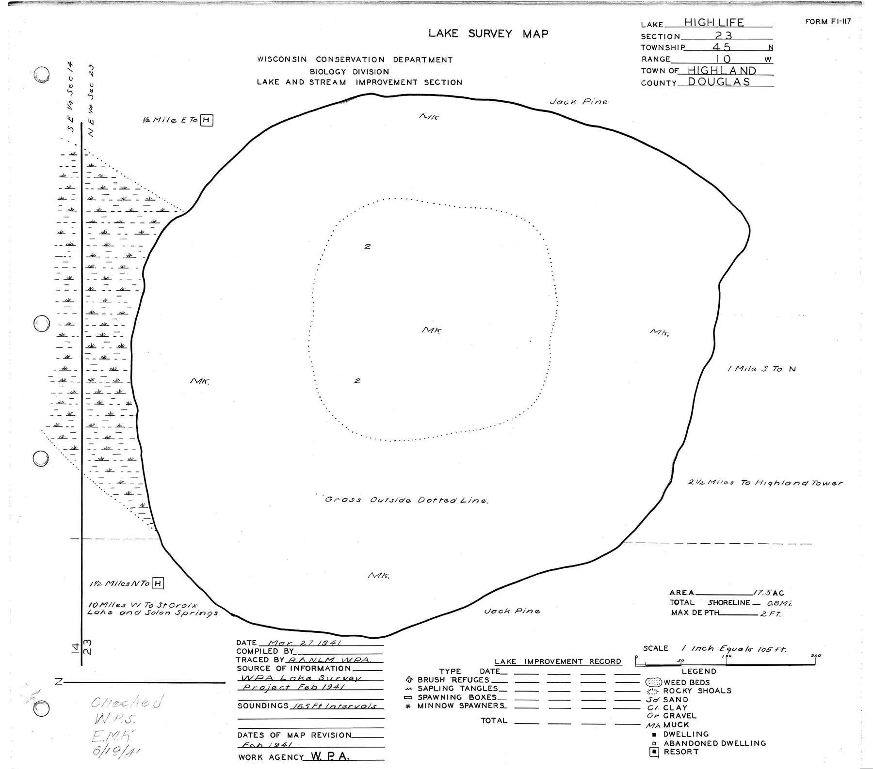 High Life Lake historical Wisconsin DNR depth map sheet 1