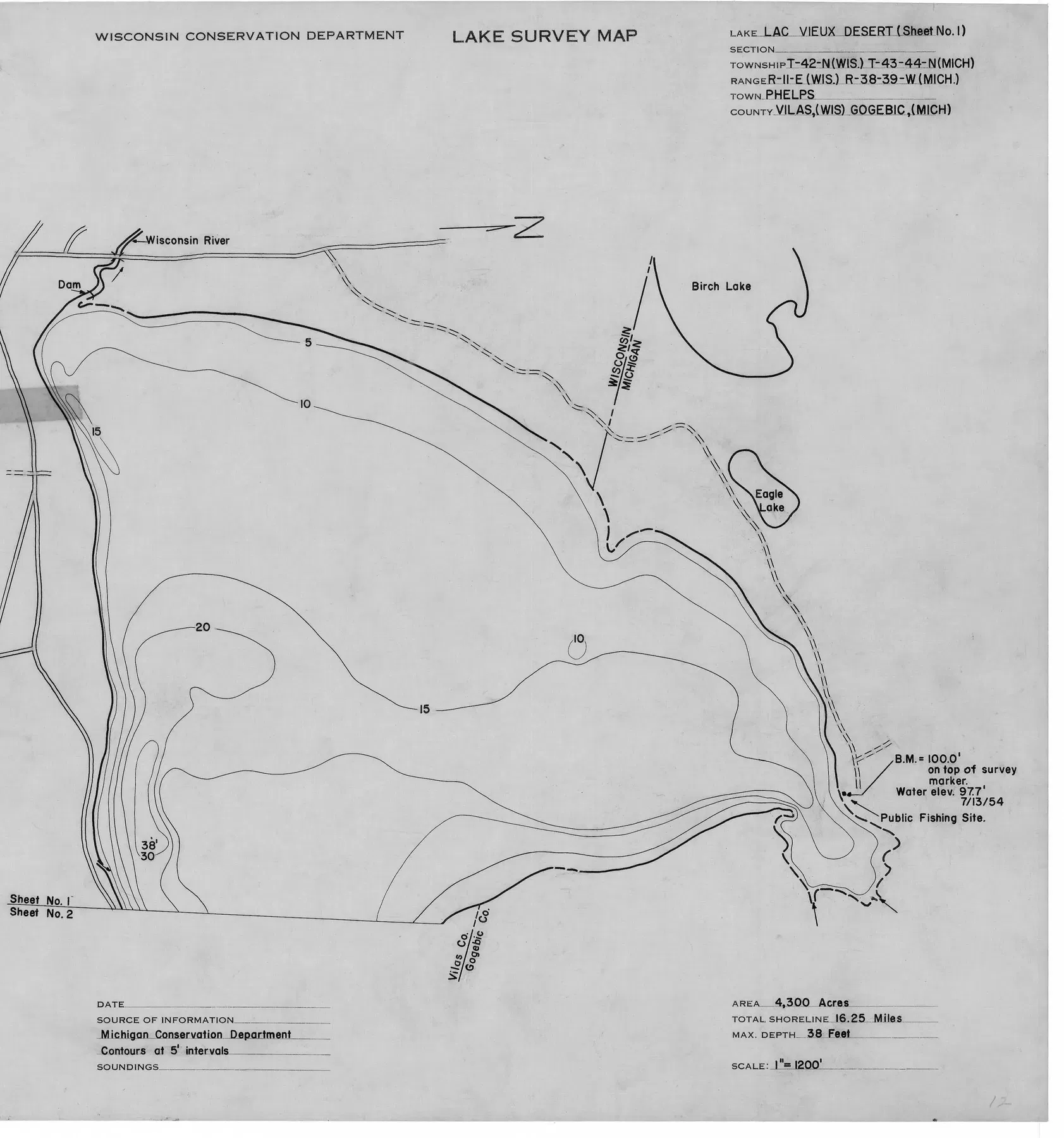 Lac Vieux Desert historical Wisconsin DNR depth map sheet 1