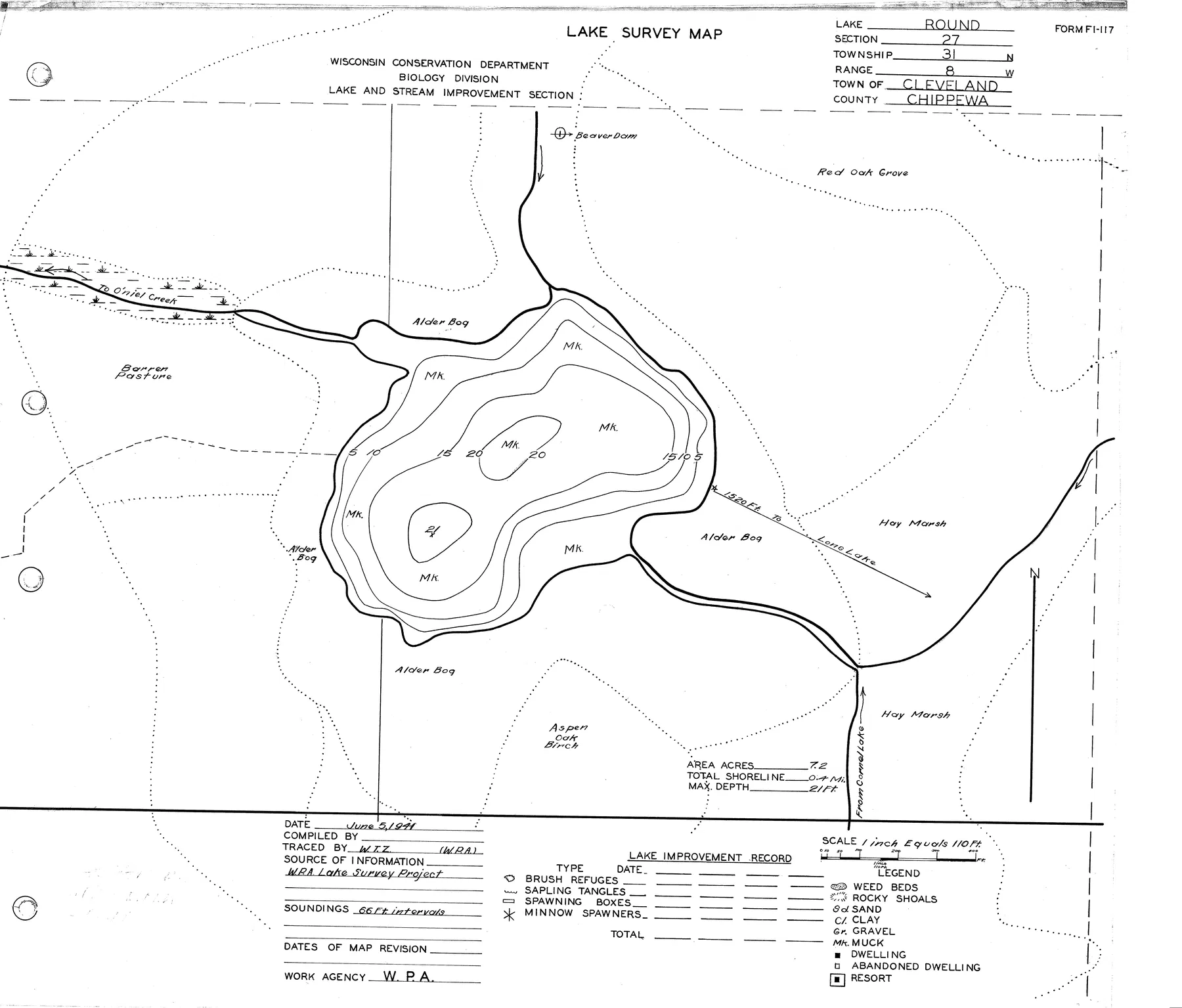 Round Lake historical Wisconsin DNR depth map sheet 1
