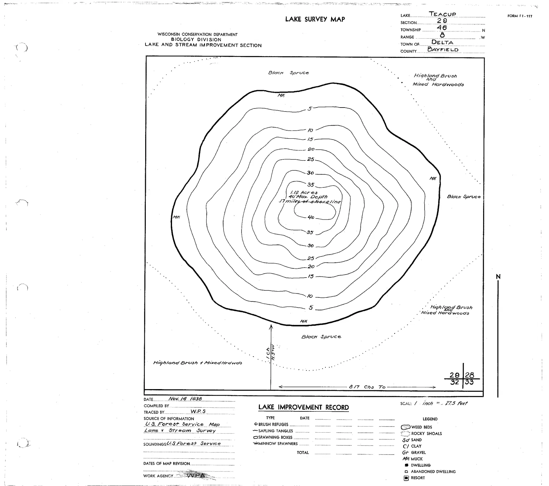 Teacup Lake historical Wisconsin DNR depth map sheet 1