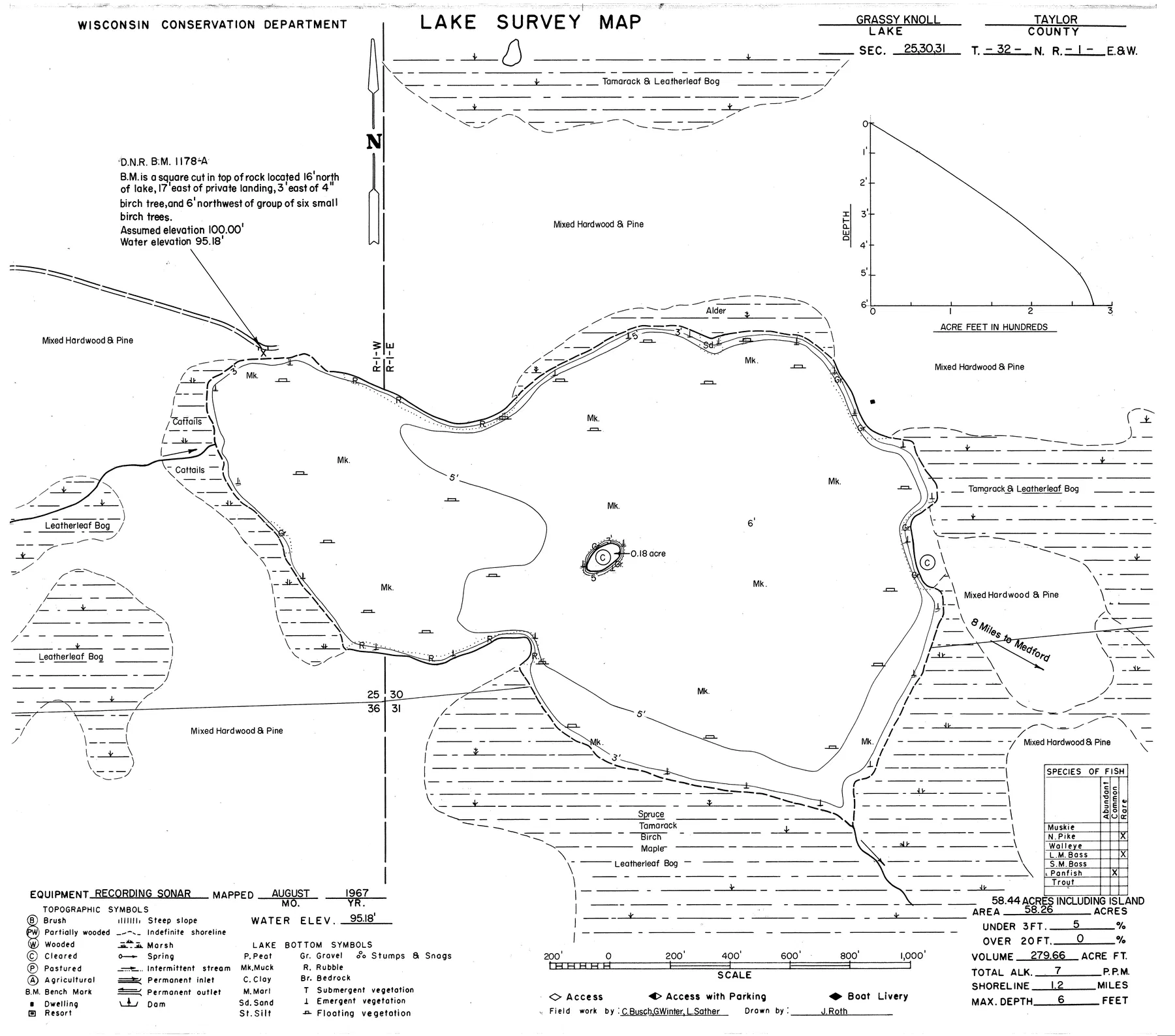 Grassy Knoll Lake historical Wisconsin DNR depth map sheet 1