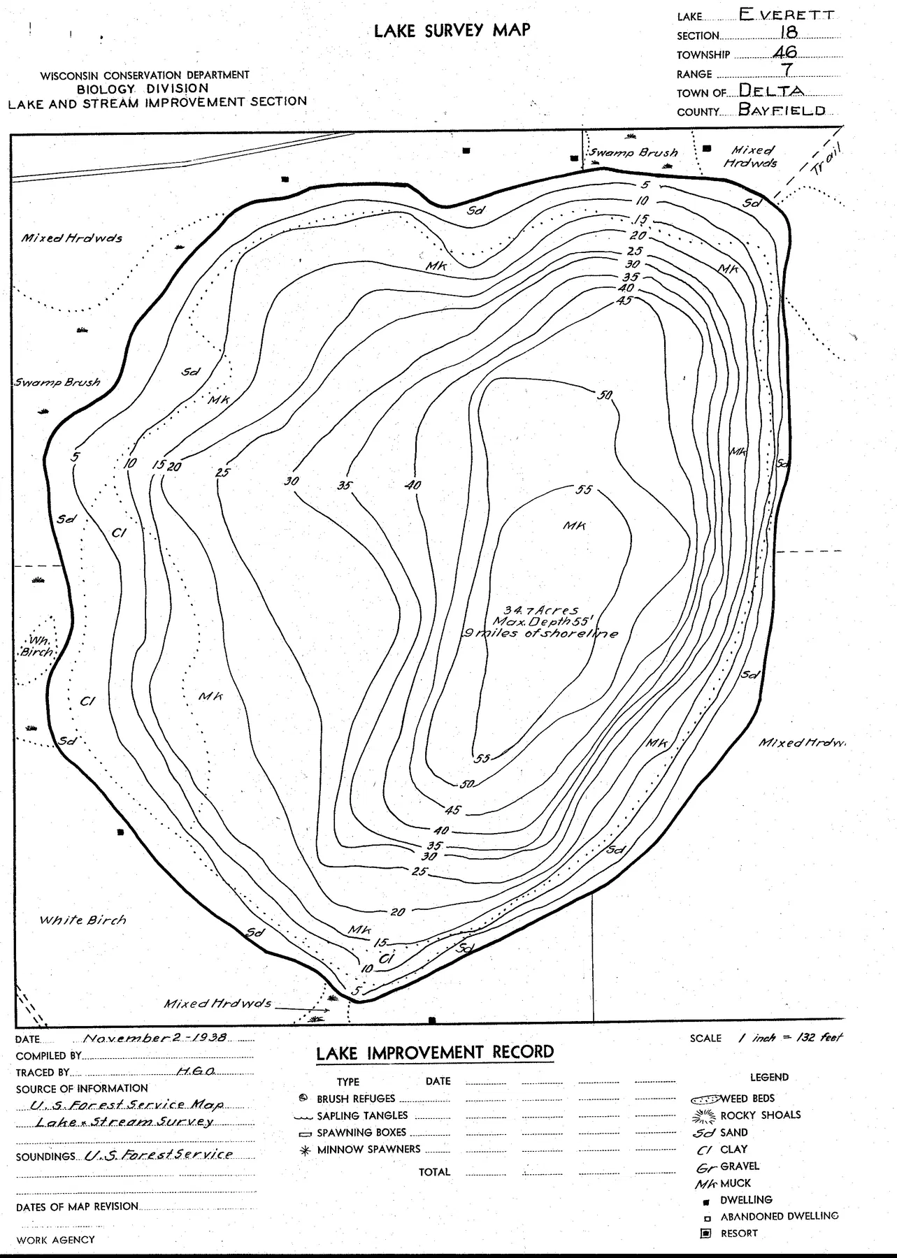 Everett Lake historical Wisconsin DNR depth map sheet 1
