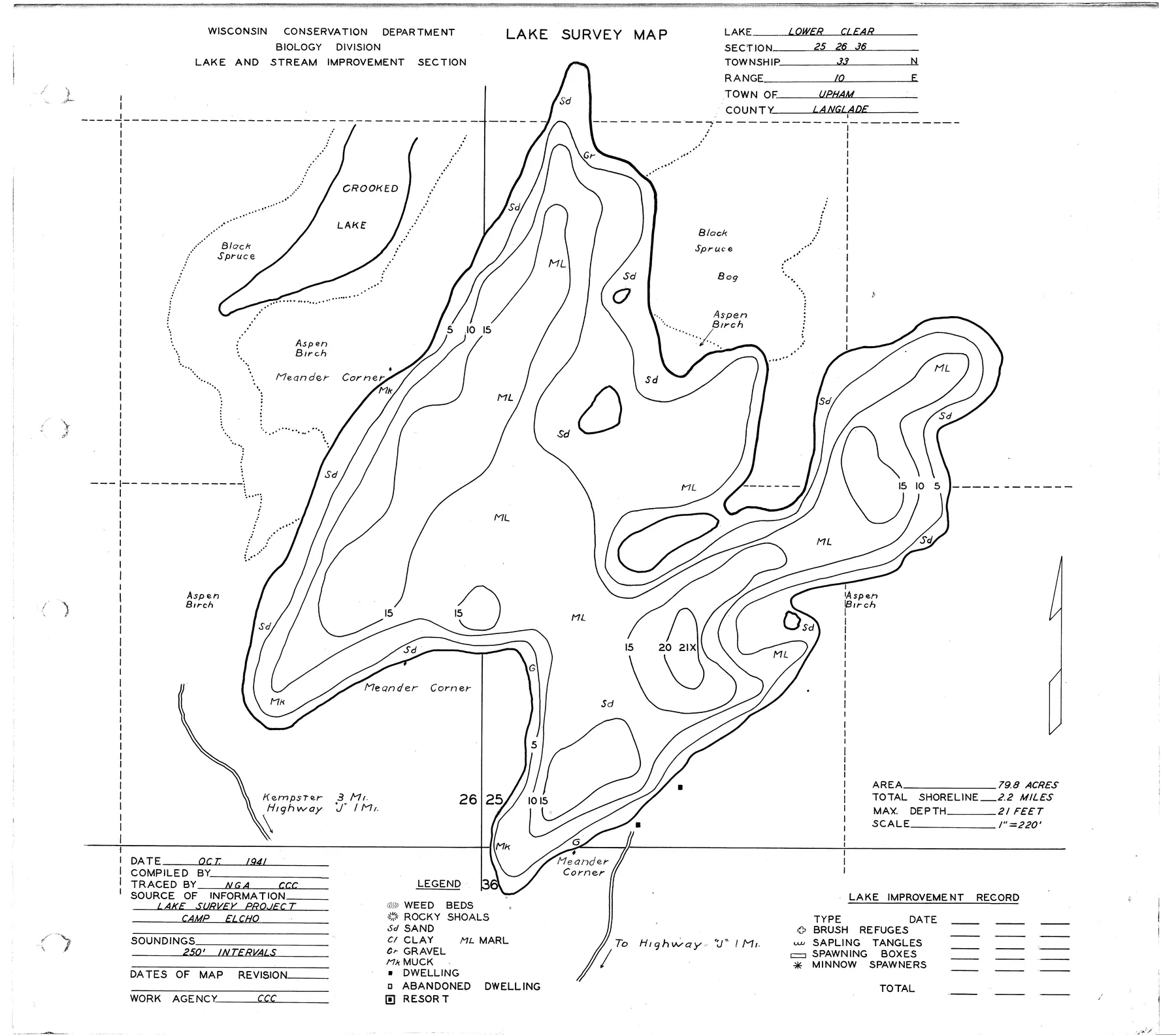 Lower Clear Lake historical Wisconsin DNR depth map sheet 1