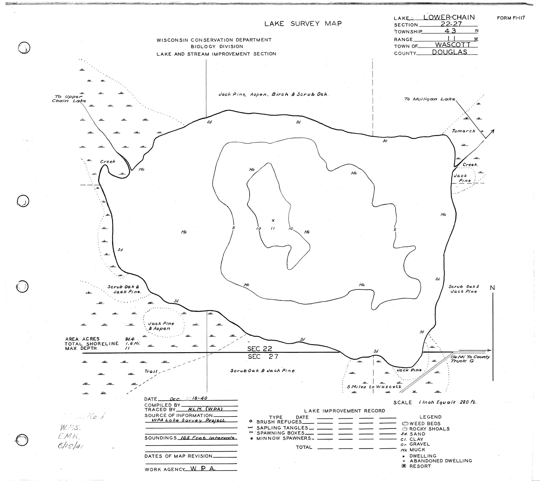 Chain Lakes historical Wisconsin DNR depth map sheet 1
