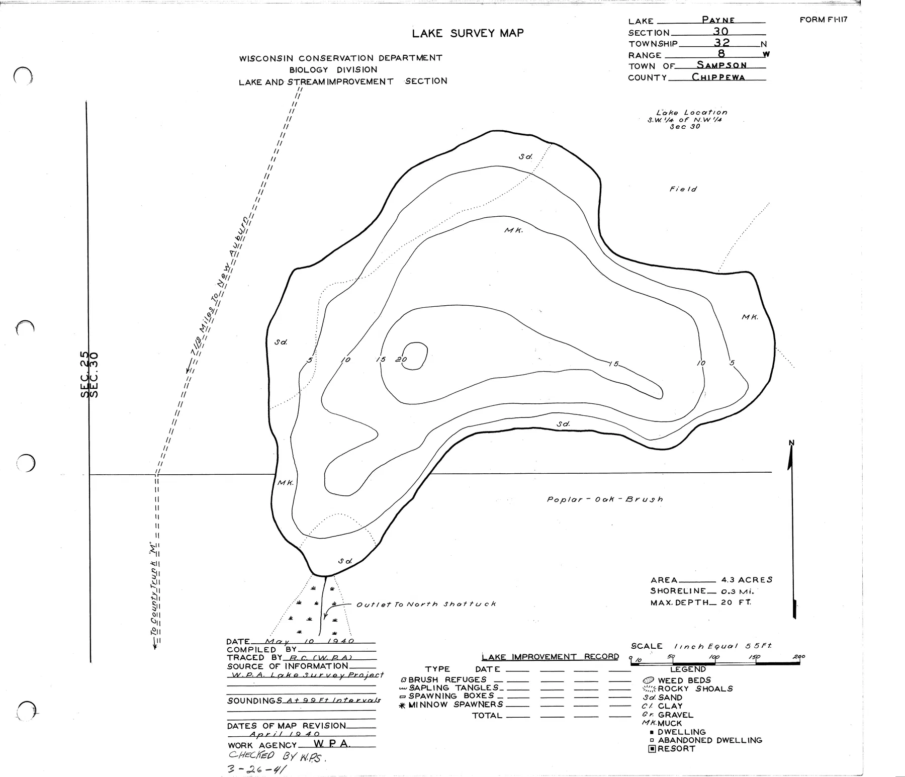 Payne Lake historical Wisconsin DNR depth map sheet 1
