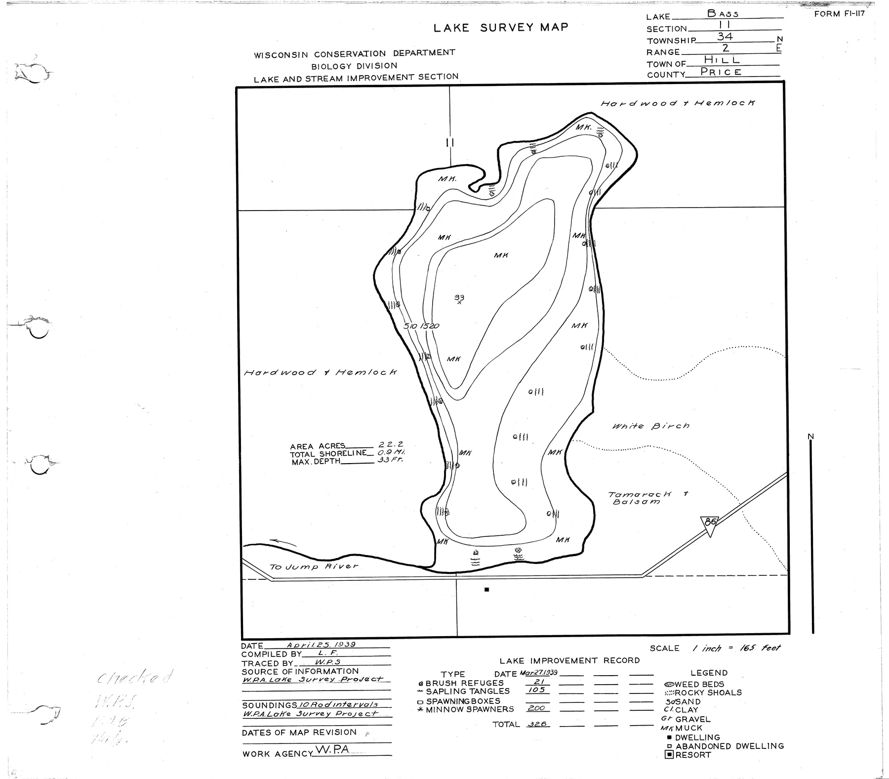 Bass Lake historical Wisconsin DNR depth map sheet 1