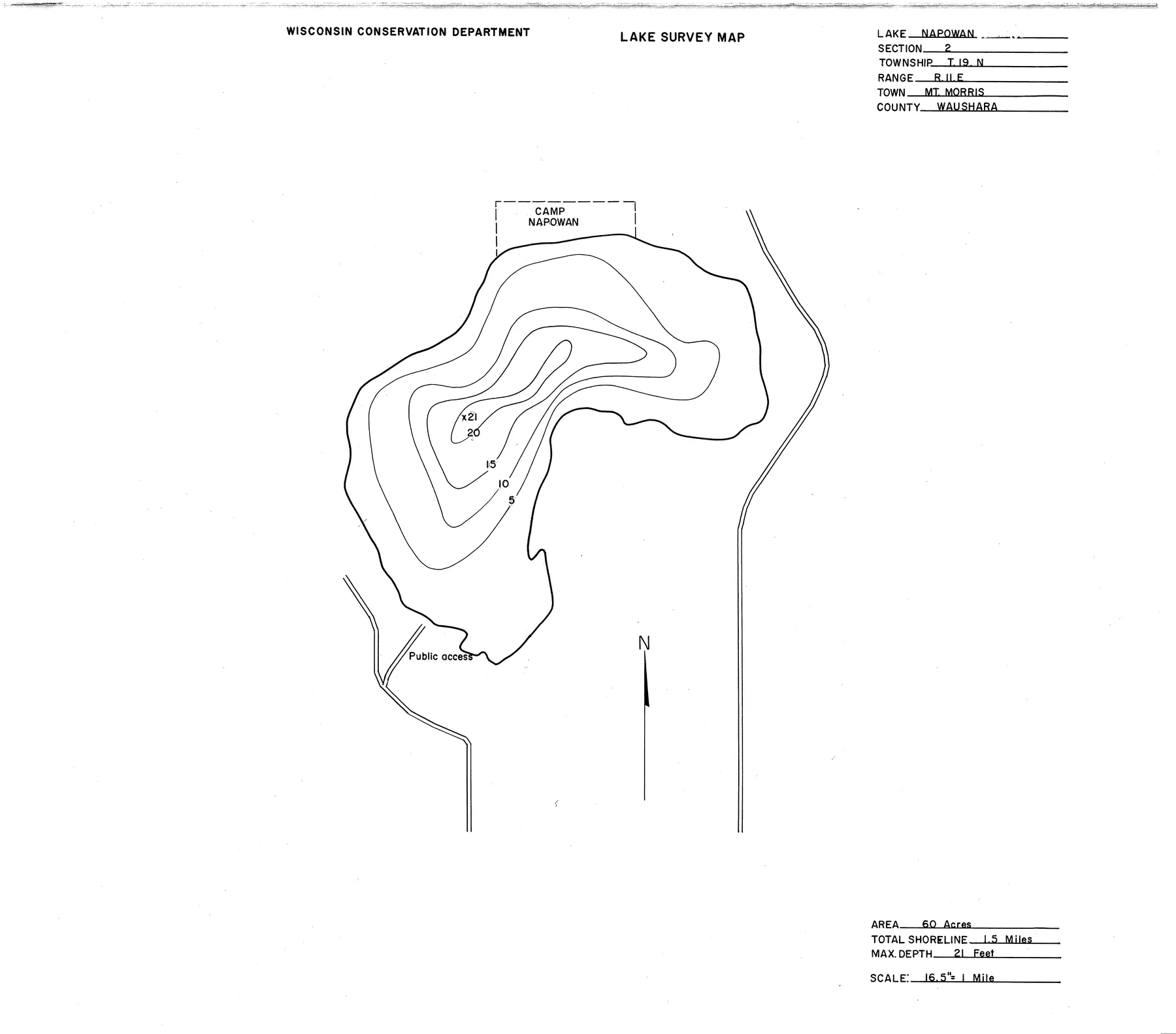 Lake Napowan historical Wisconsin DNR depth map sheet 1