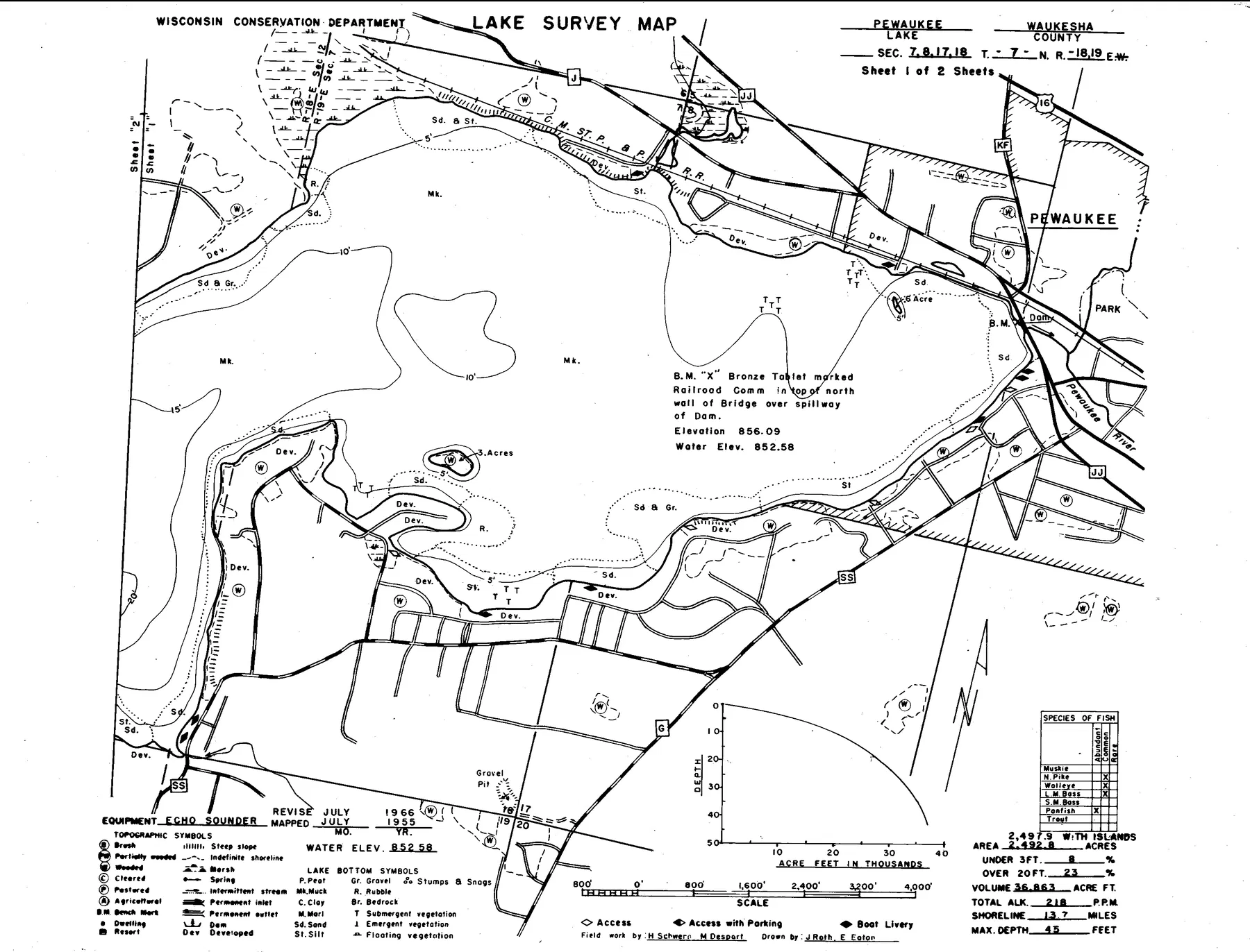 Pewaukee Lake historical Wisconsin DNR depth map sheet 1