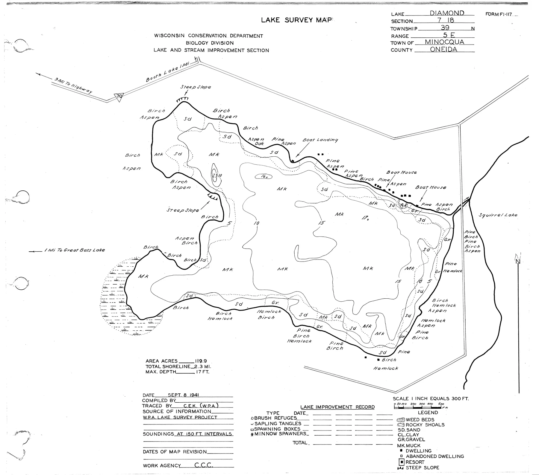 Diamond Lake historical Wisconsin DNR depth map sheet 1