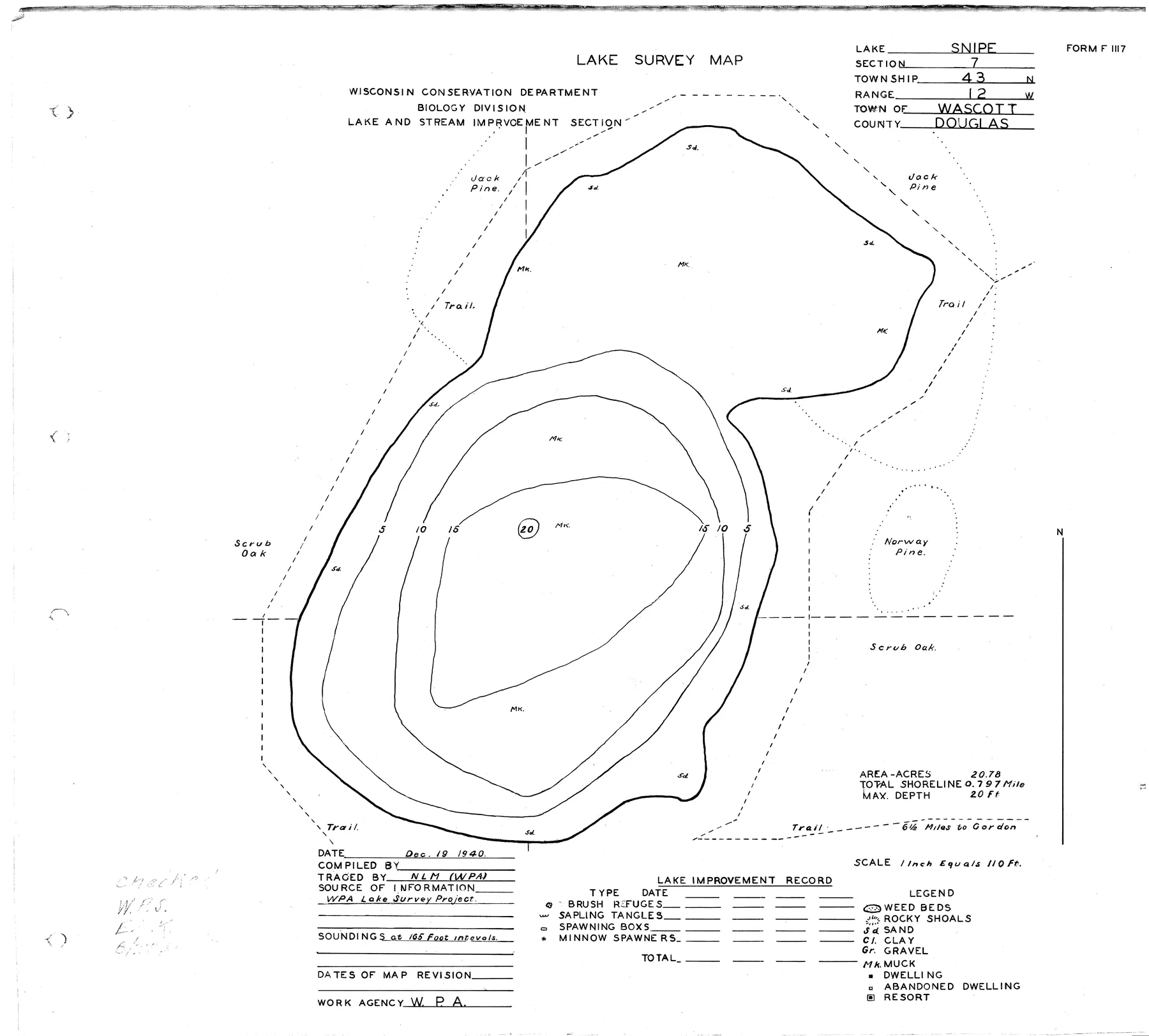 Snipe Lake historical Wisconsin DNR depth map sheet 1