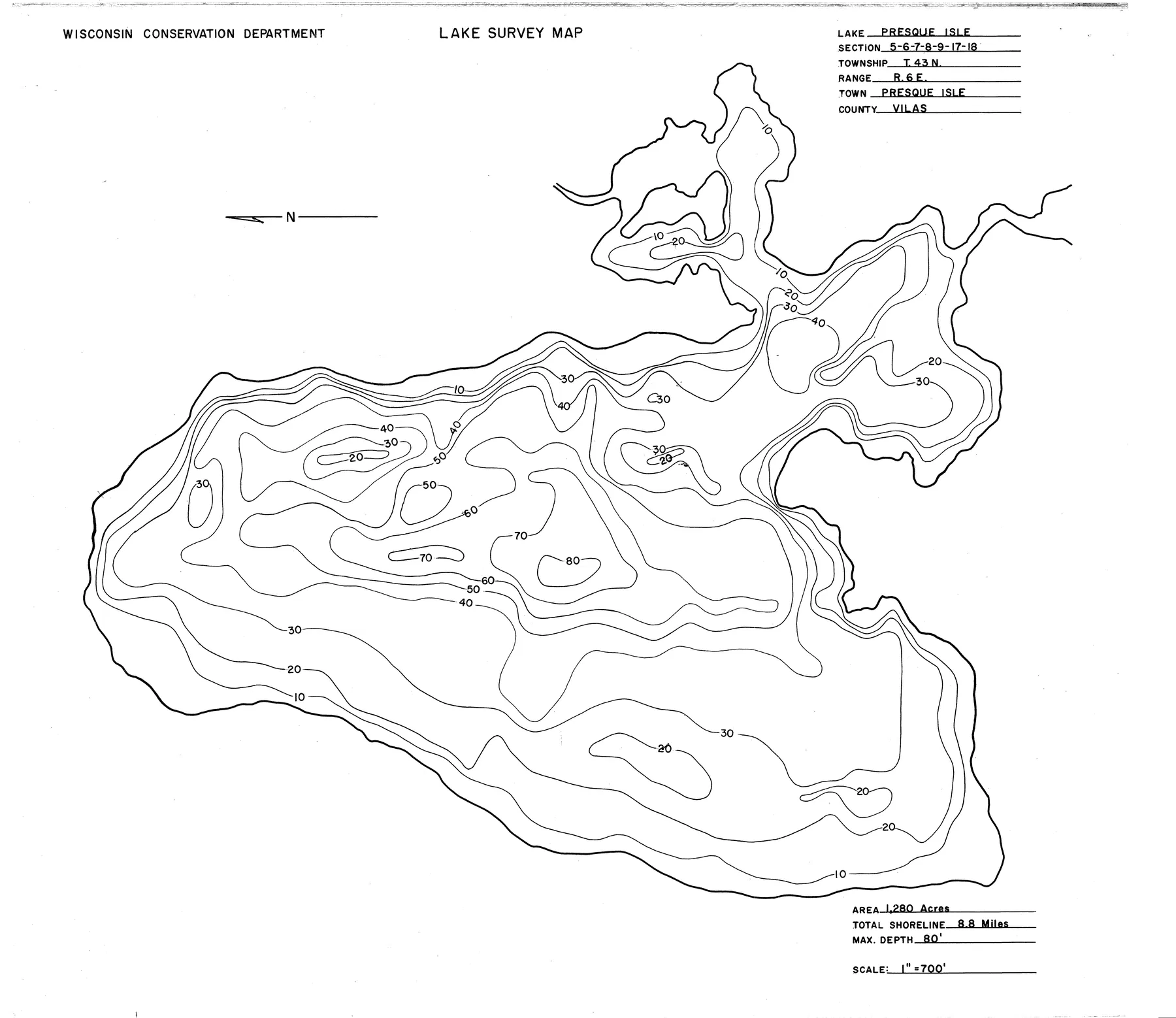 Presque Isle Lake historical Wisconsin DNR depth map sheet 1