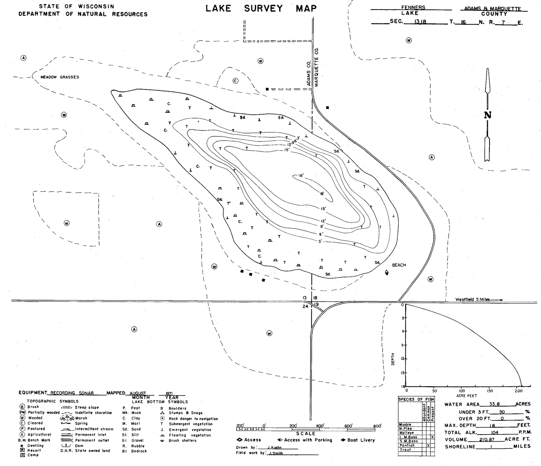 Fenner Lake historical Wisconsin DNR depth map sheet 1