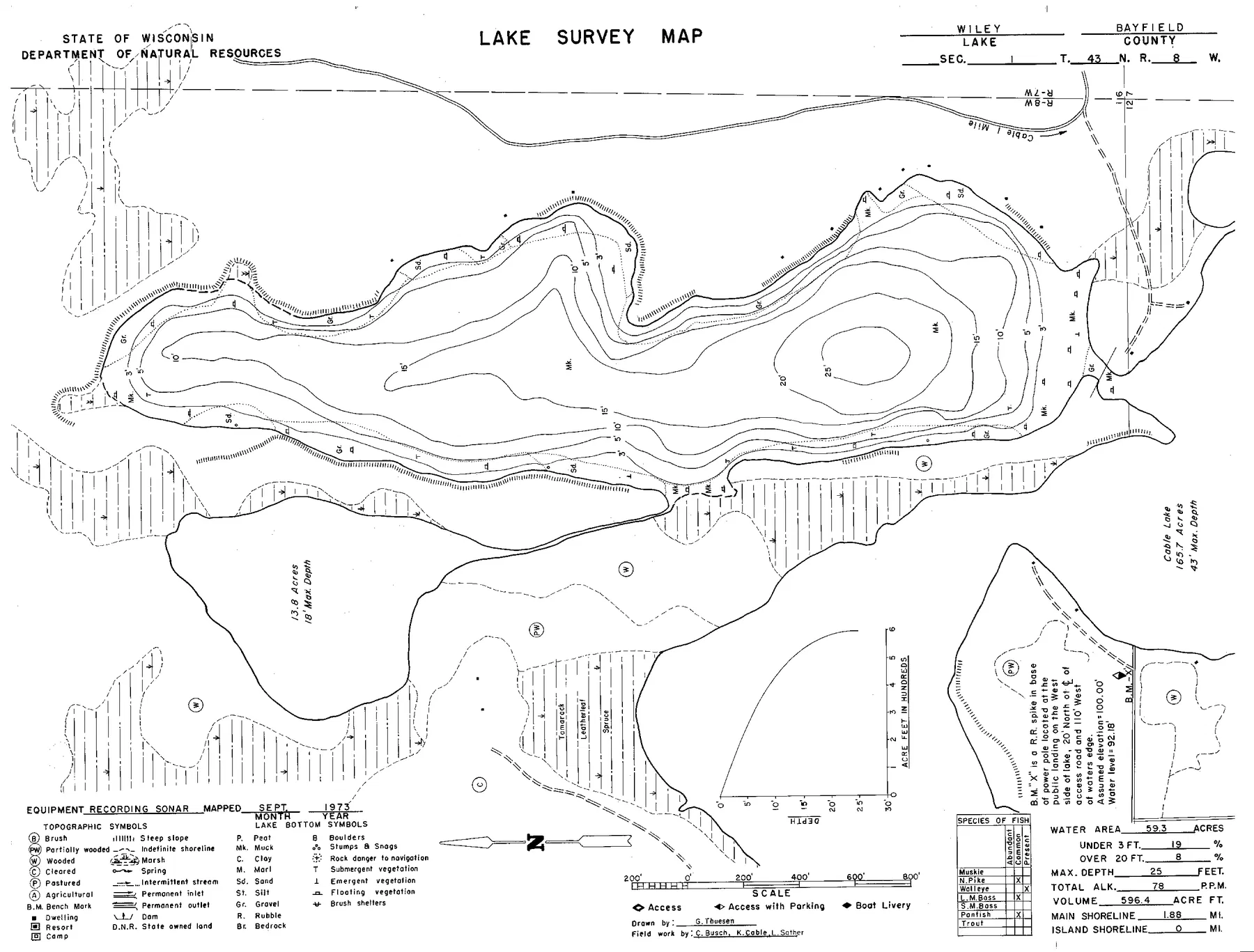 Wiley Lake historical Wisconsin DNR depth map sheet 1