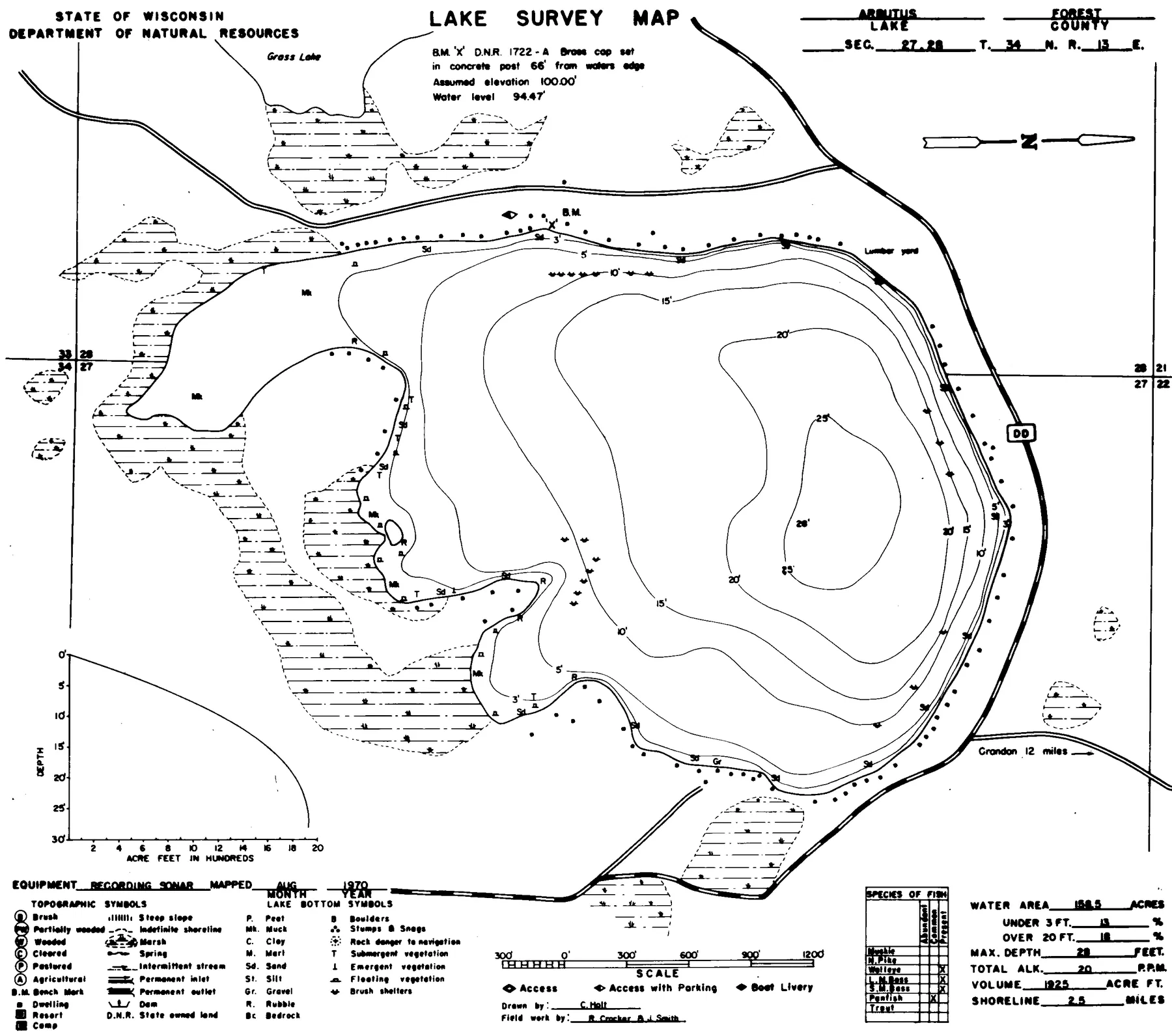 Arbutus Lake historical Wisconsin DNR depth map sheet 1