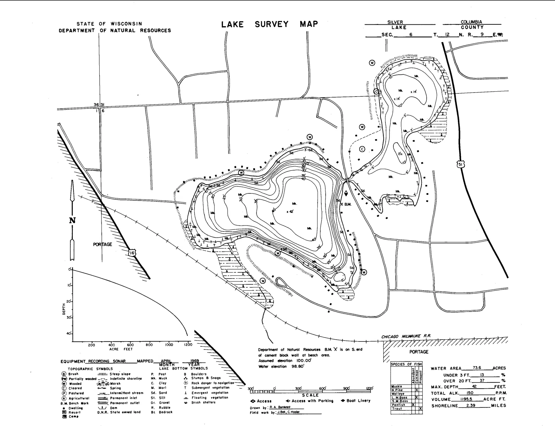 Silver Lake historical Wisconsin DNR depth map sheet 1