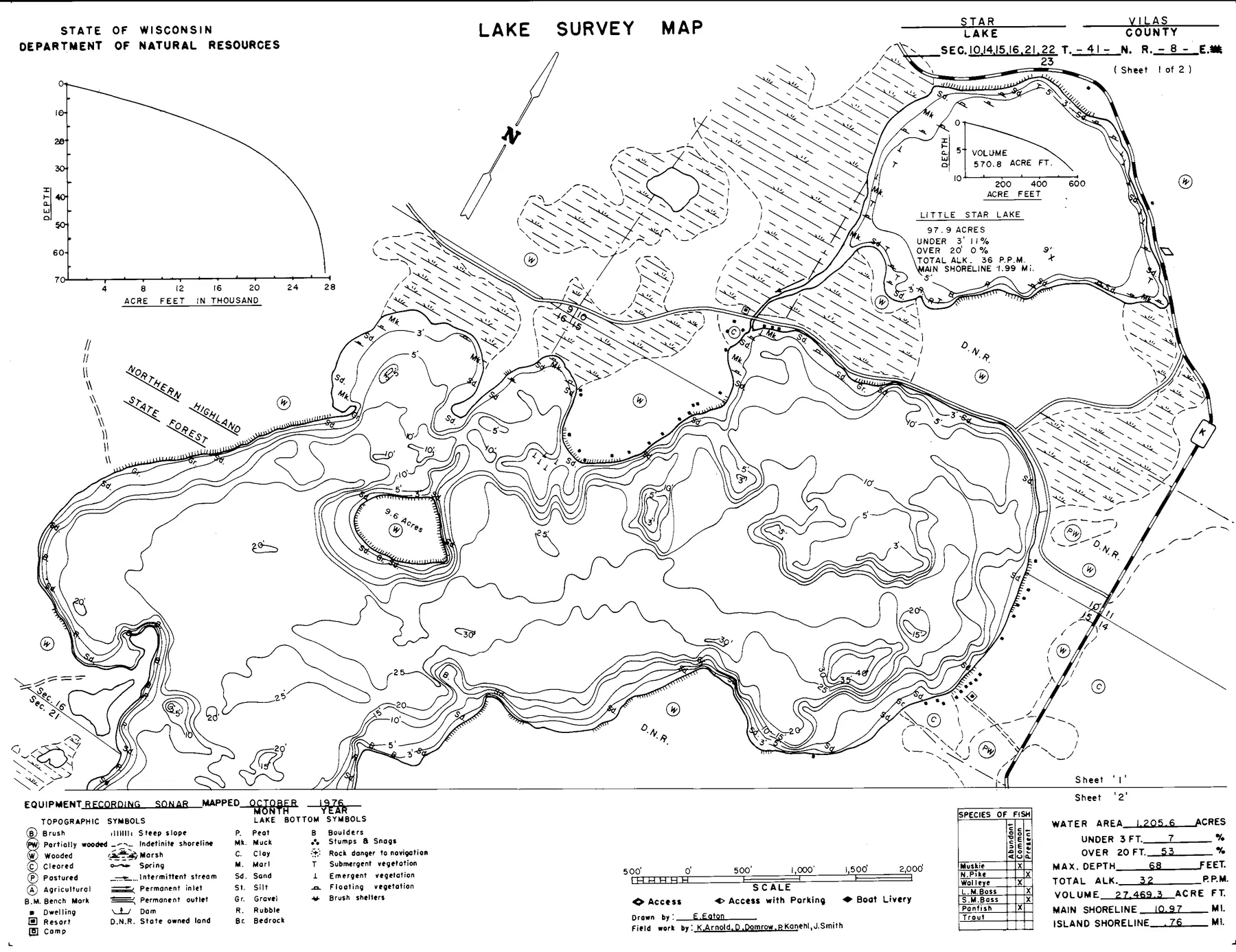 Star Lake historical Wisconsin DNR depth map sheet 1