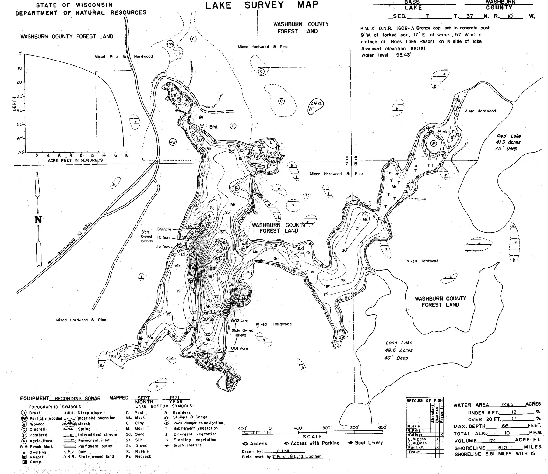 Bass Lake historical Wisconsin DNR depth map sheet 1