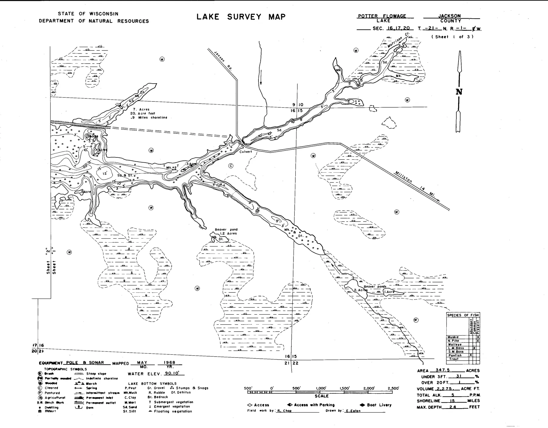 Potter Flowage historical Wisconsin DNR depth map sheet 1