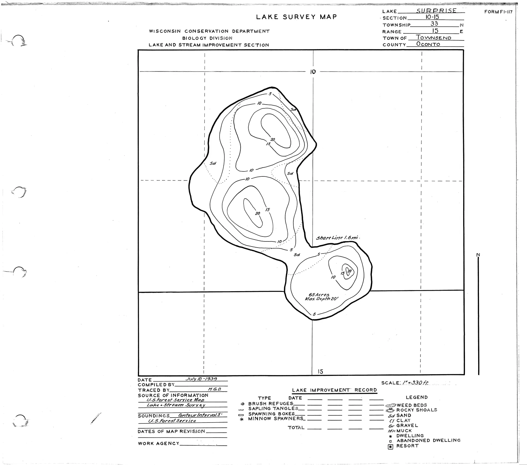 Surprise Lake historical Wisconsin DNR depth map sheet 1