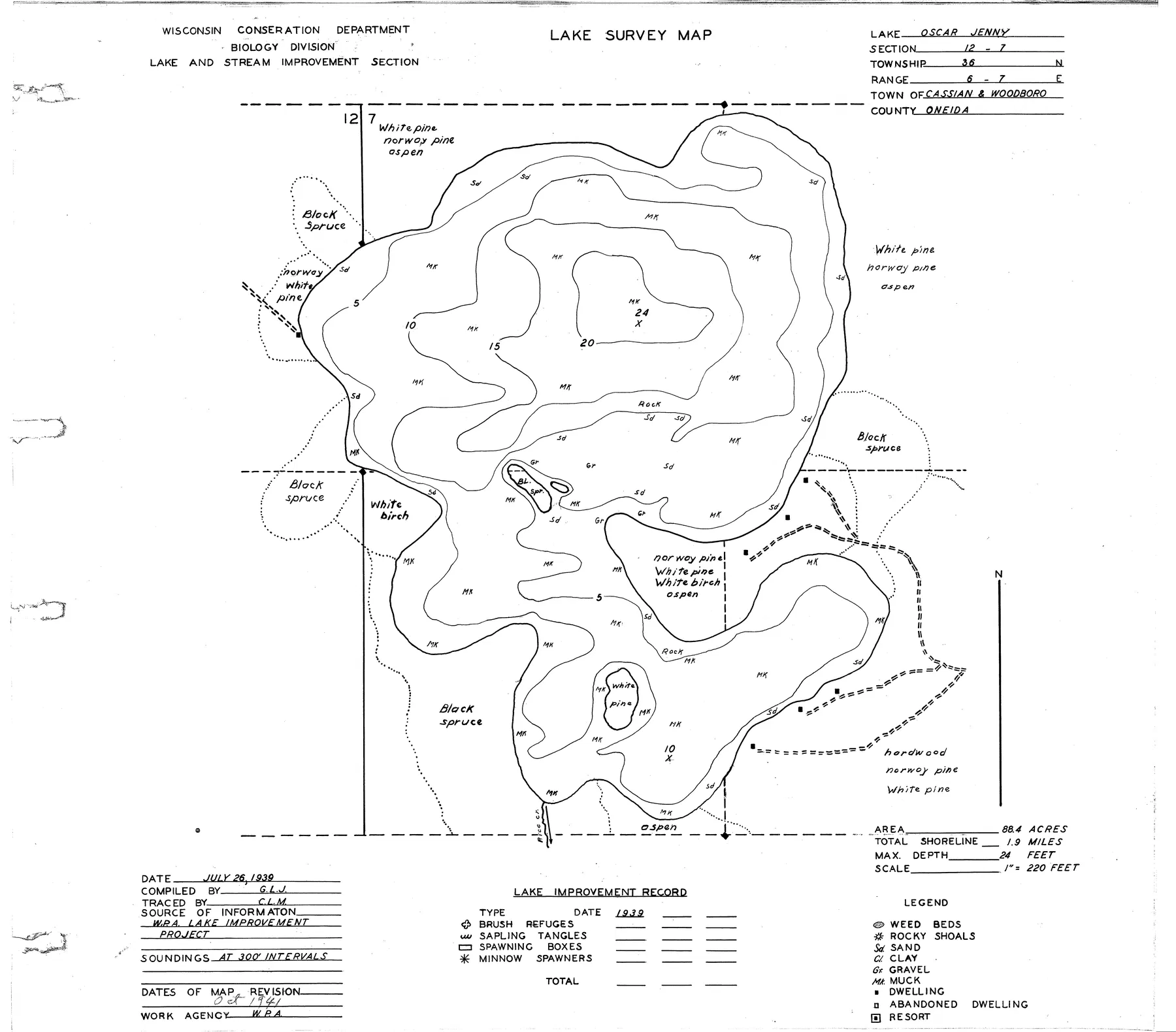 Oscar-Jenny Lake historical Wisconsin DNR depth map sheet 1