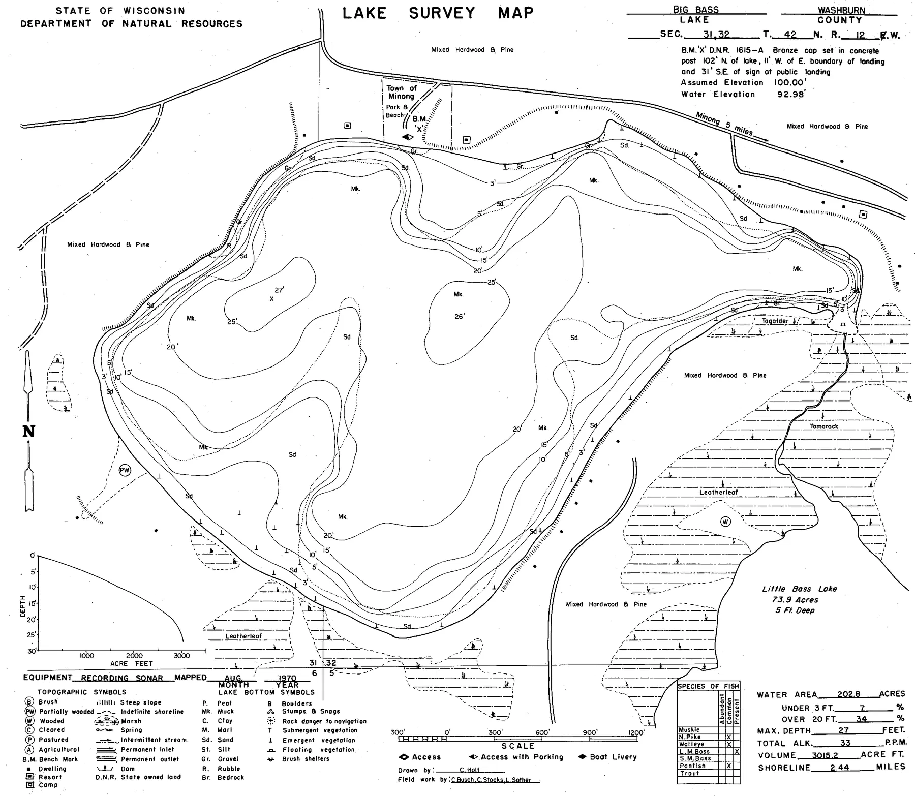 Big Bass Lake historical Wisconsin DNR depth map sheet 1