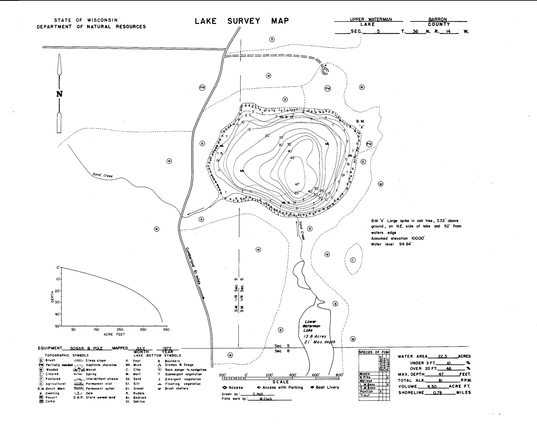 Upper Waterman Lake historical Wisconsin DNR depth map sheet 1