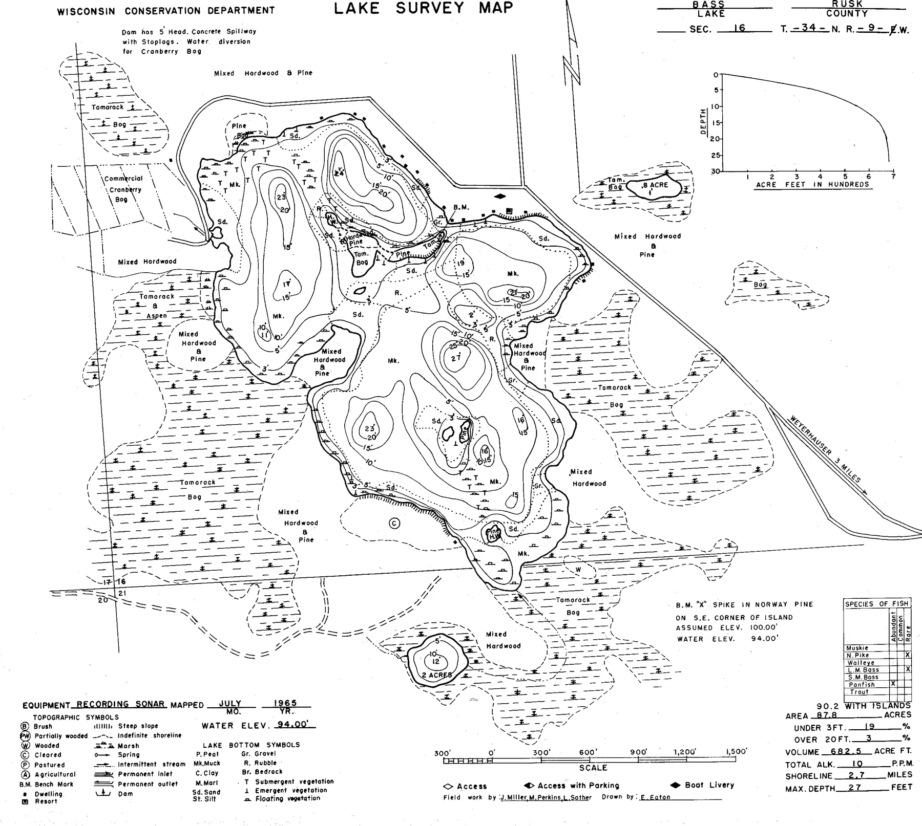 Bass Lake historical Wisconsin DNR depth map sheet 1