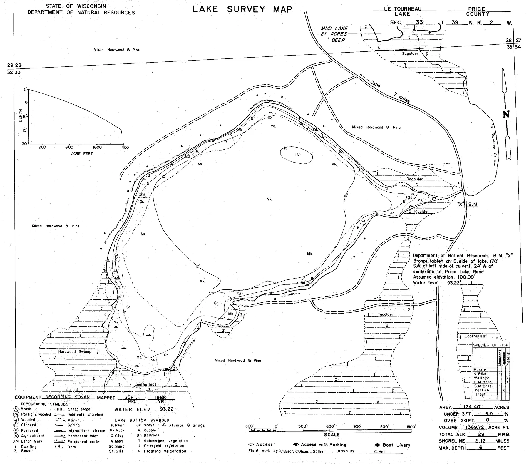 Le Tourneau Lake historical Wisconsin DNR depth map sheet 1