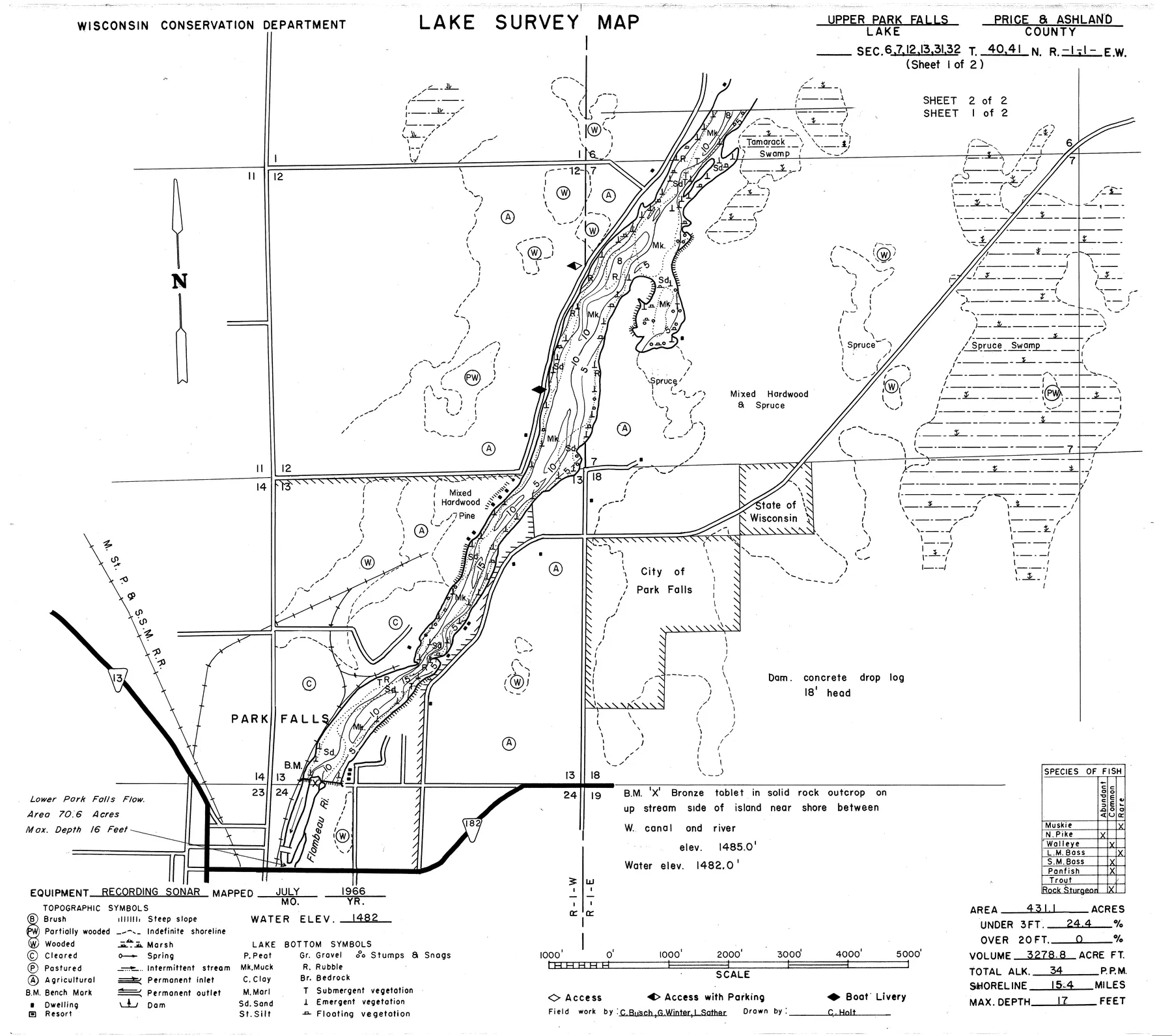 Upper Park Falls Flowage 760 historical Wisconsin DNR depth map sheet 1