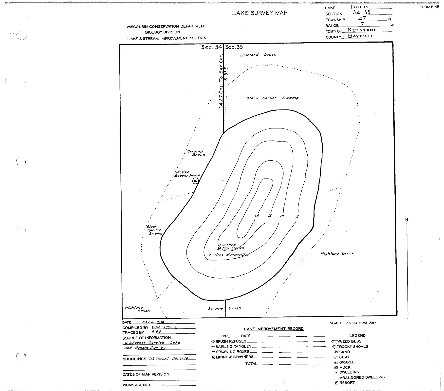 Boris Lake historical Wisconsin DNR depth map sheet 1
