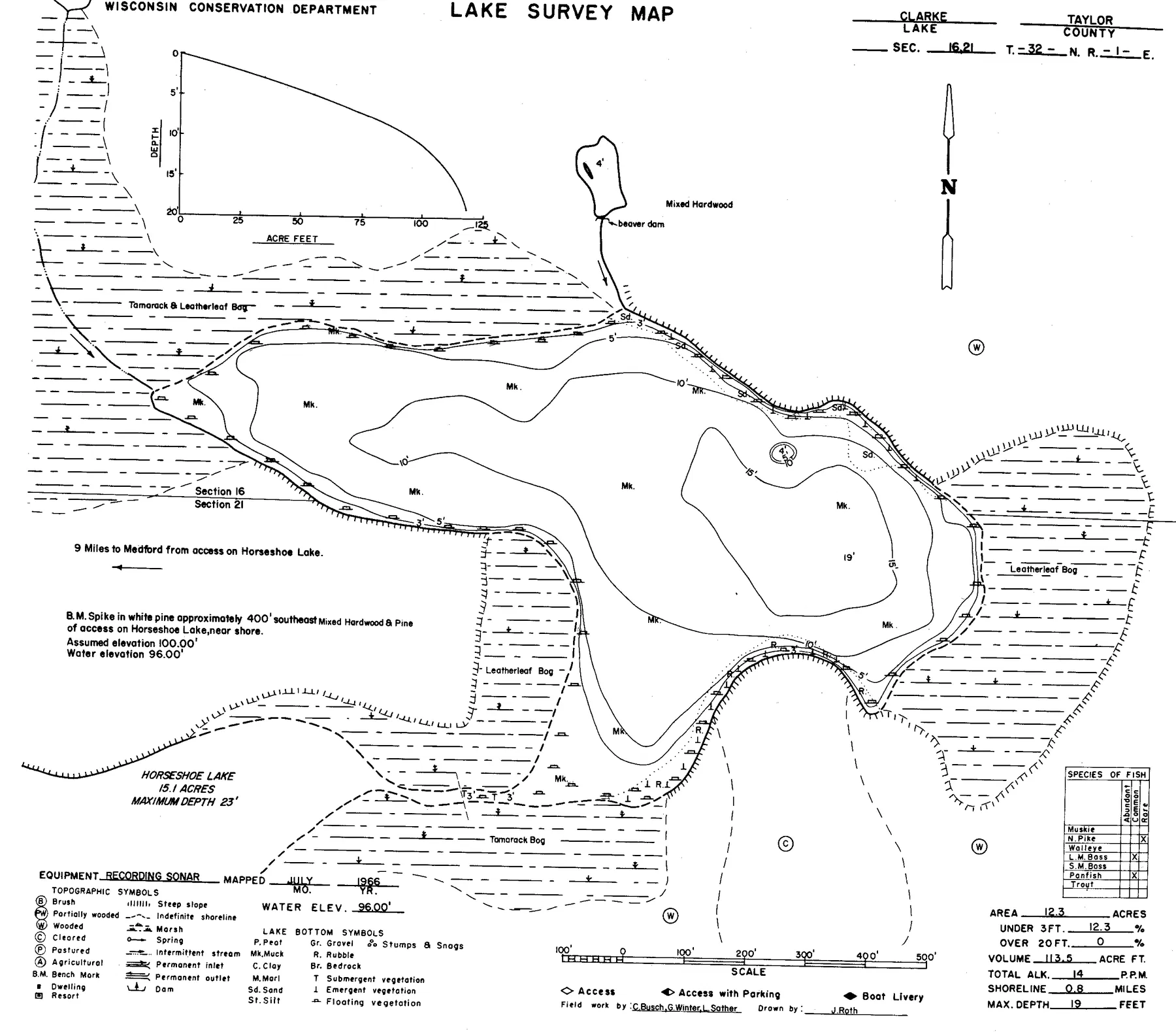 Clarke Lake historical Wisconsin DNR depth map sheet 1