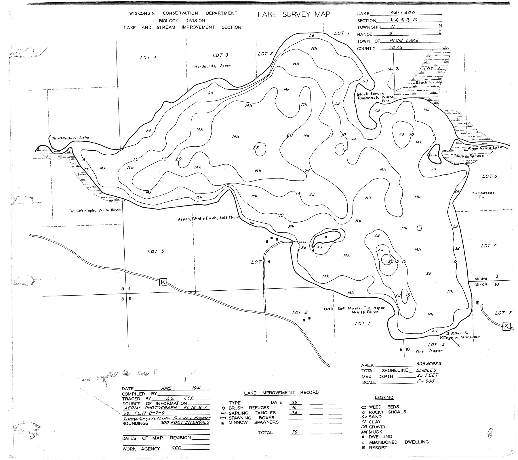Ballard Lake historical Wisconsin DNR depth map sheet 1