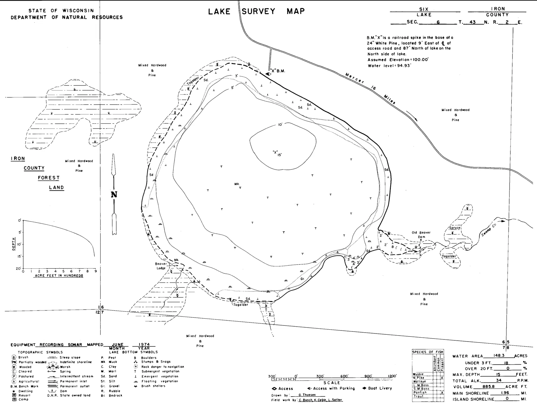 Lake Six historical Wisconsin DNR depth map sheet 1