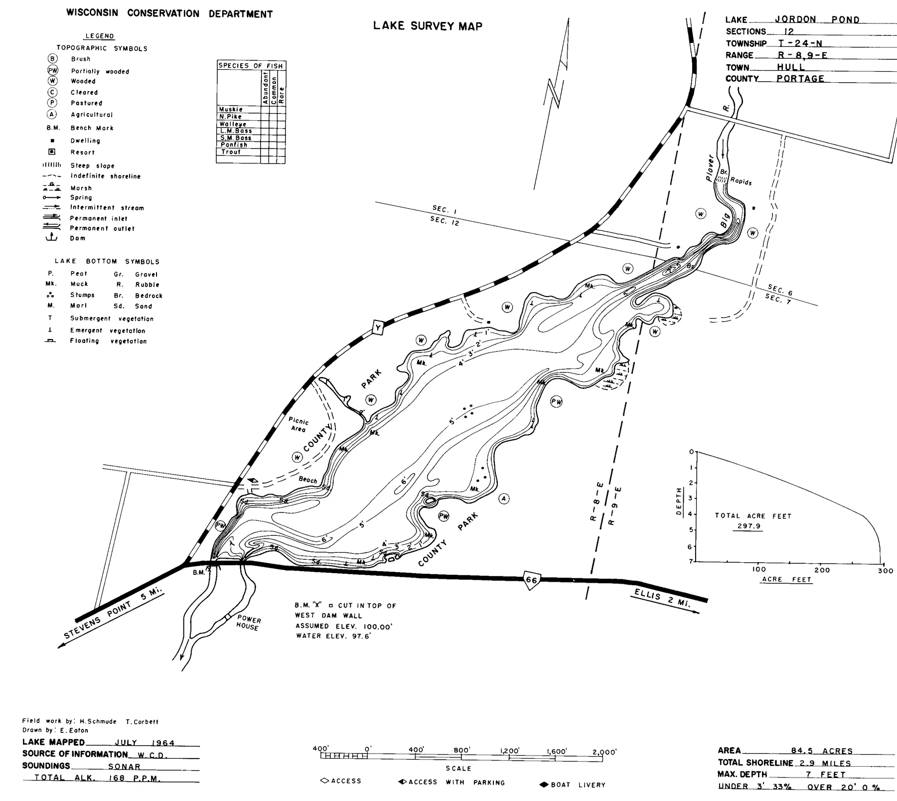 Jordan Pond historical Wisconsin DNR depth map sheet 1
