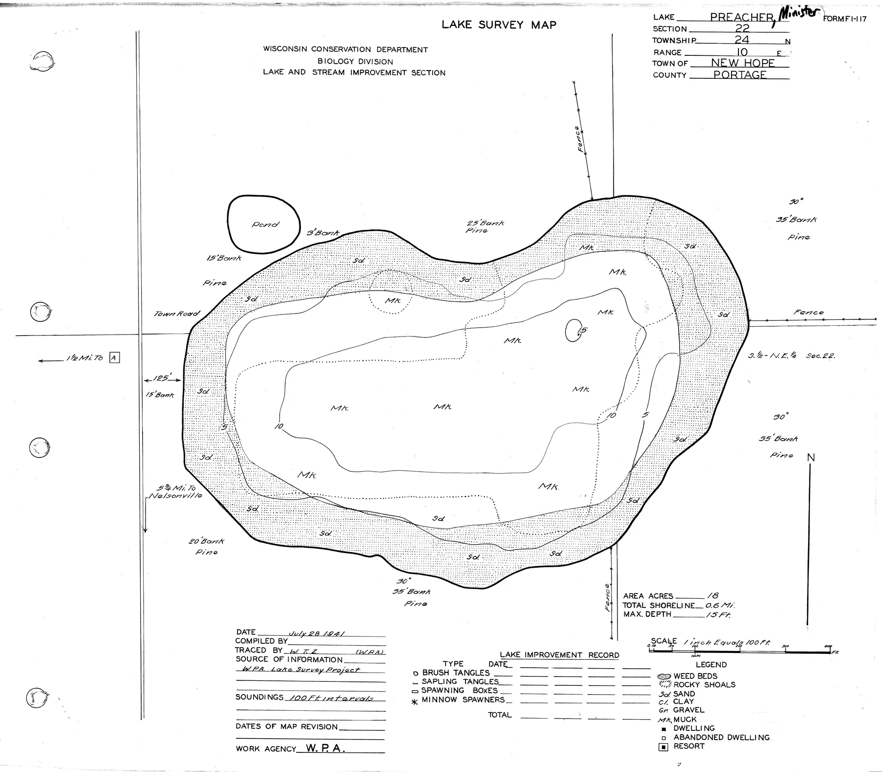Minister Lake historical Wisconsin DNR depth map sheet 1