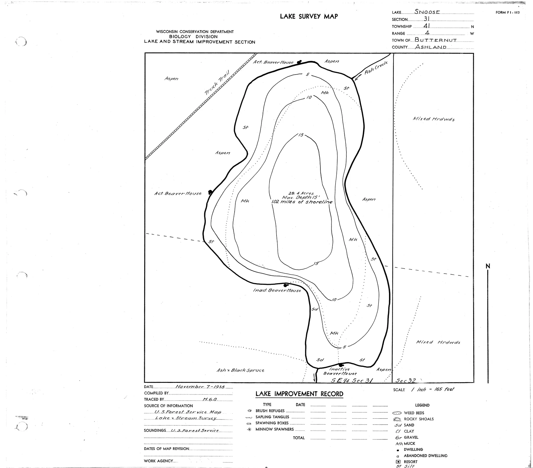 Snoose Lake historical Wisconsin DNR depth map sheet 1