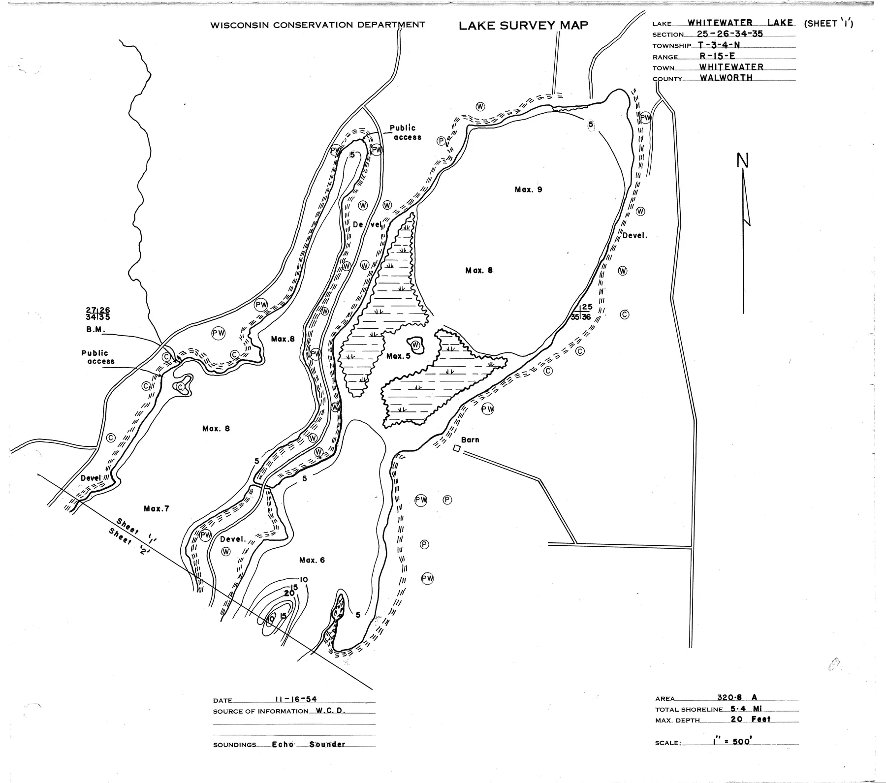 Whitewater Lake historical Wisconsin DNR depth map sheet 1