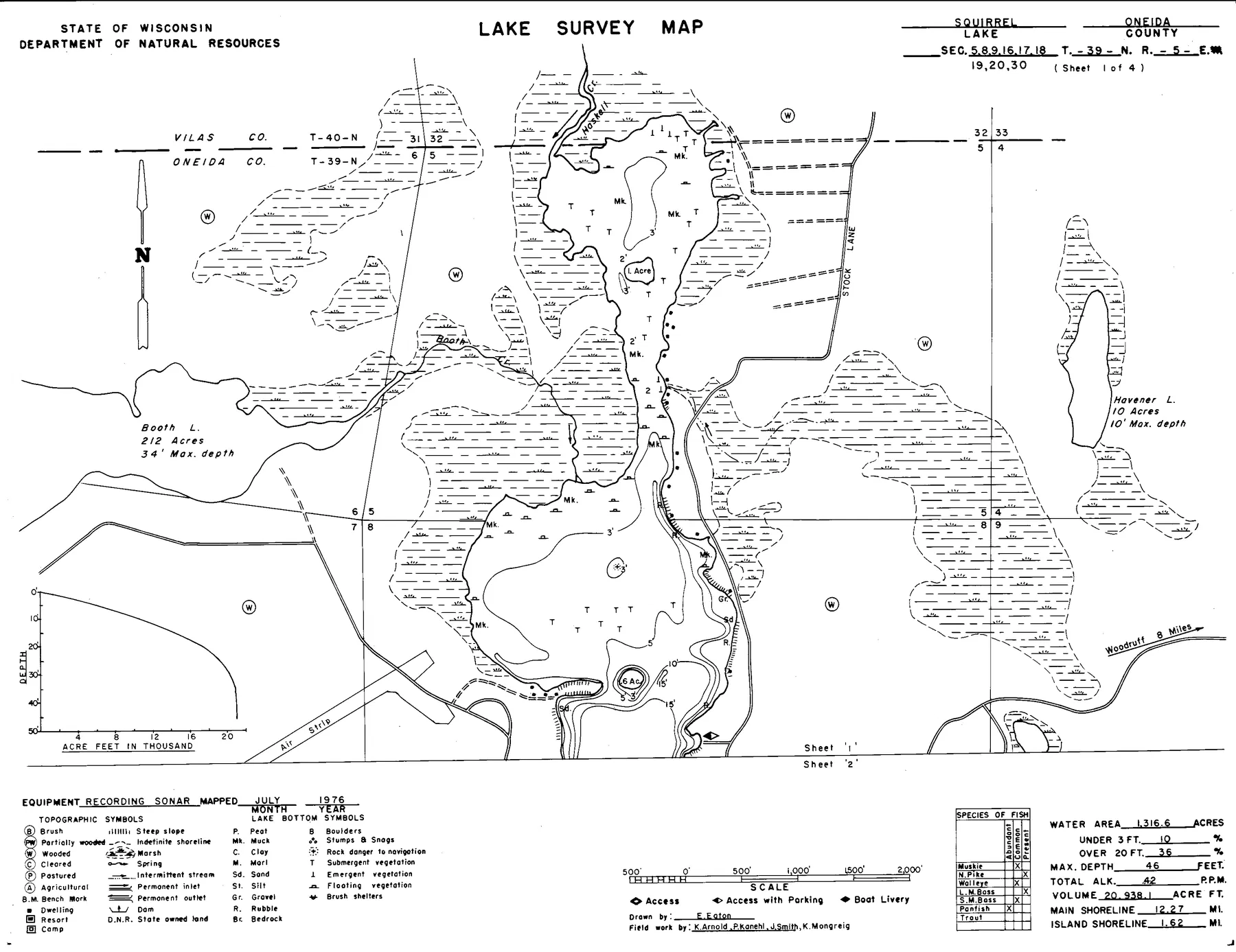 Squirrel Lake historical Wisconsin DNR depth map sheet 1