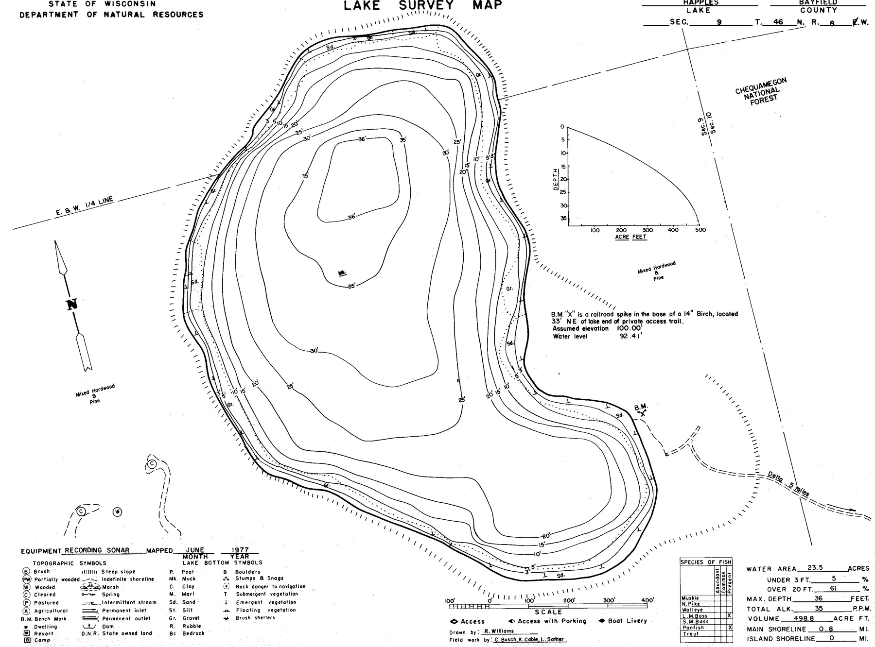 Happles Lake historical Wisconsin DNR depth map sheet 1