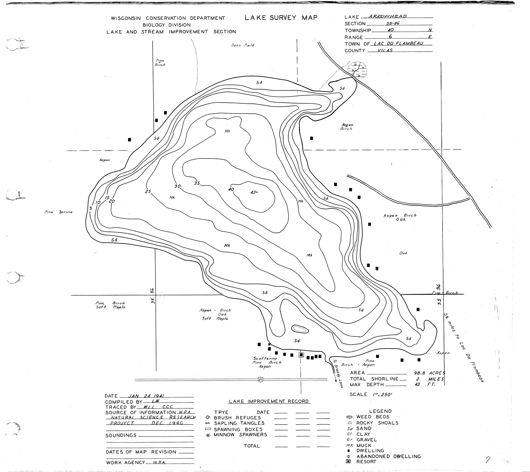 Arrowhead Lake historical Wisconsin DNR depth map sheet 1