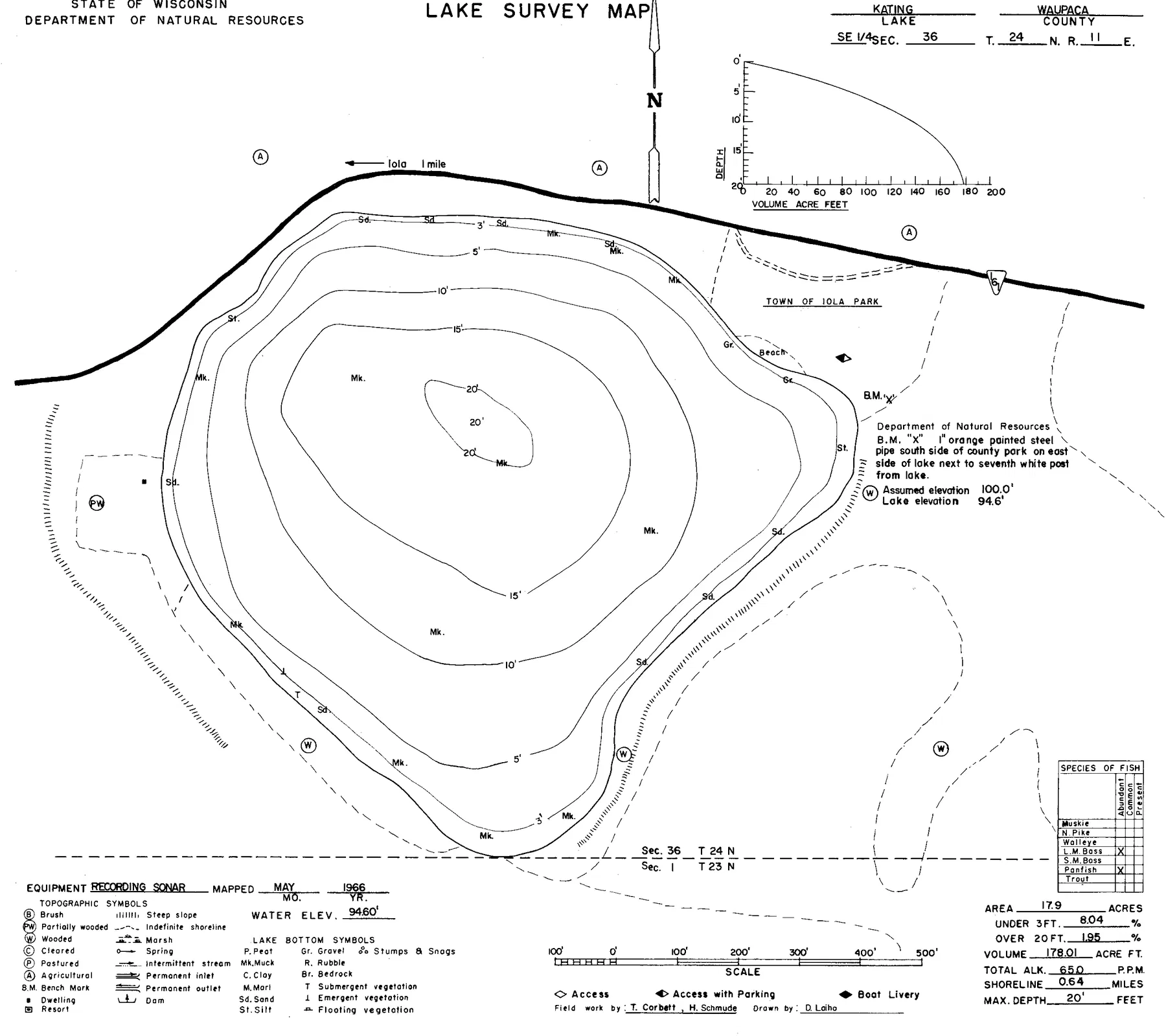 Kating Lake historical Wisconsin DNR depth map sheet 1