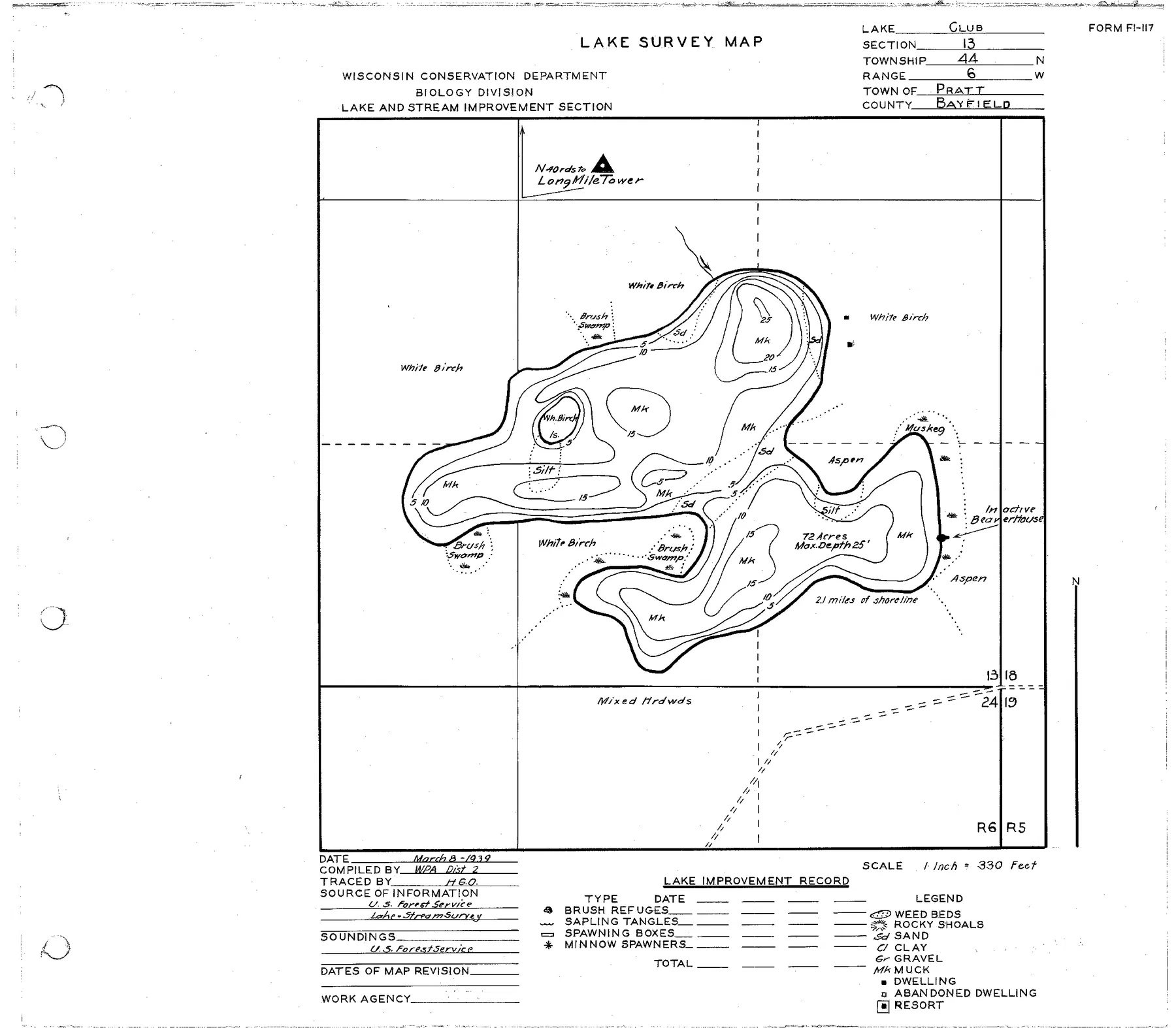 Club Lake historical Wisconsin DNR depth map sheet 1
