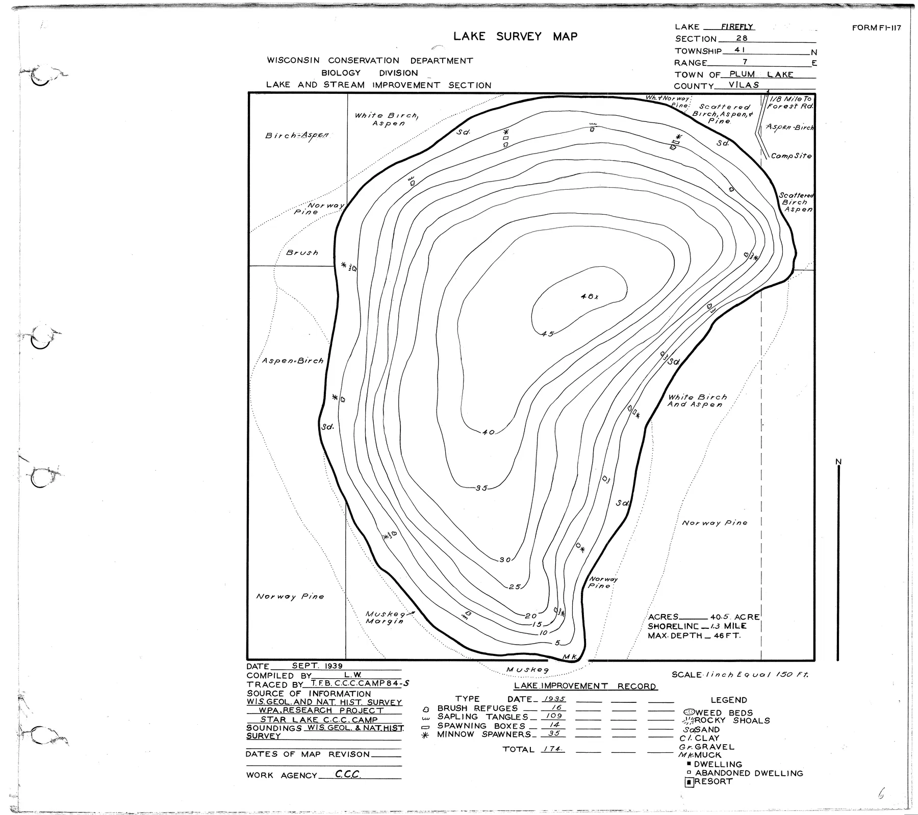 Firefly Lake historical Wisconsin DNR depth map sheet 1