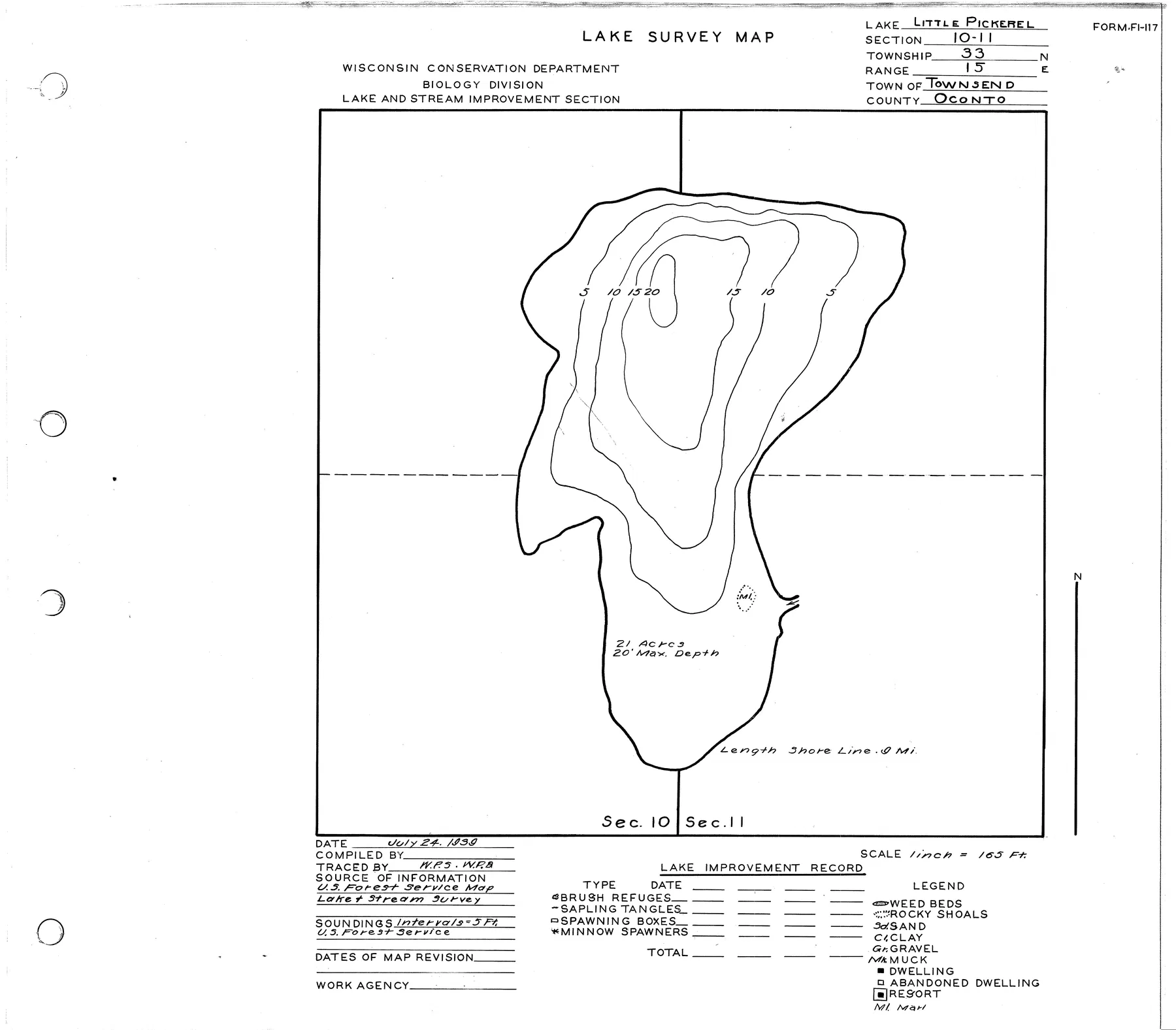 Little Pickerel Lake historical Wisconsin DNR depth map sheet 1