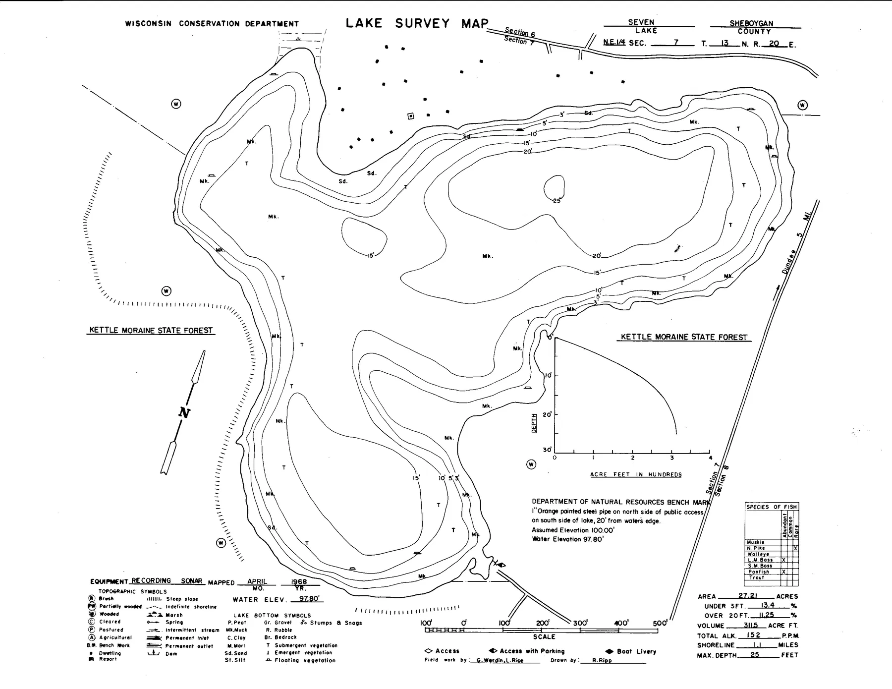 Lake Seven historical Wisconsin DNR depth map sheet 1