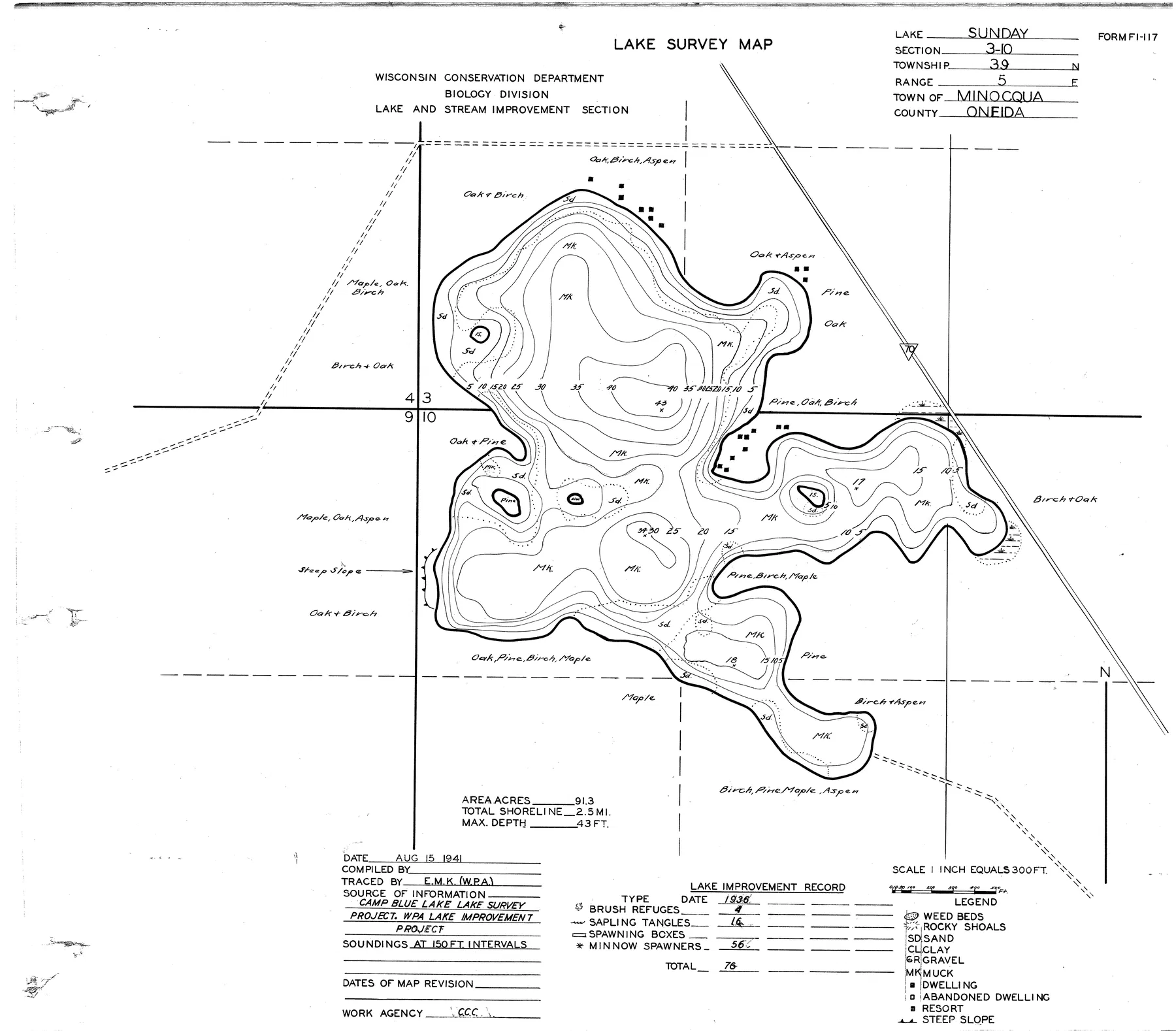 Sunday Lake historical Wisconsin DNR depth map sheet 1